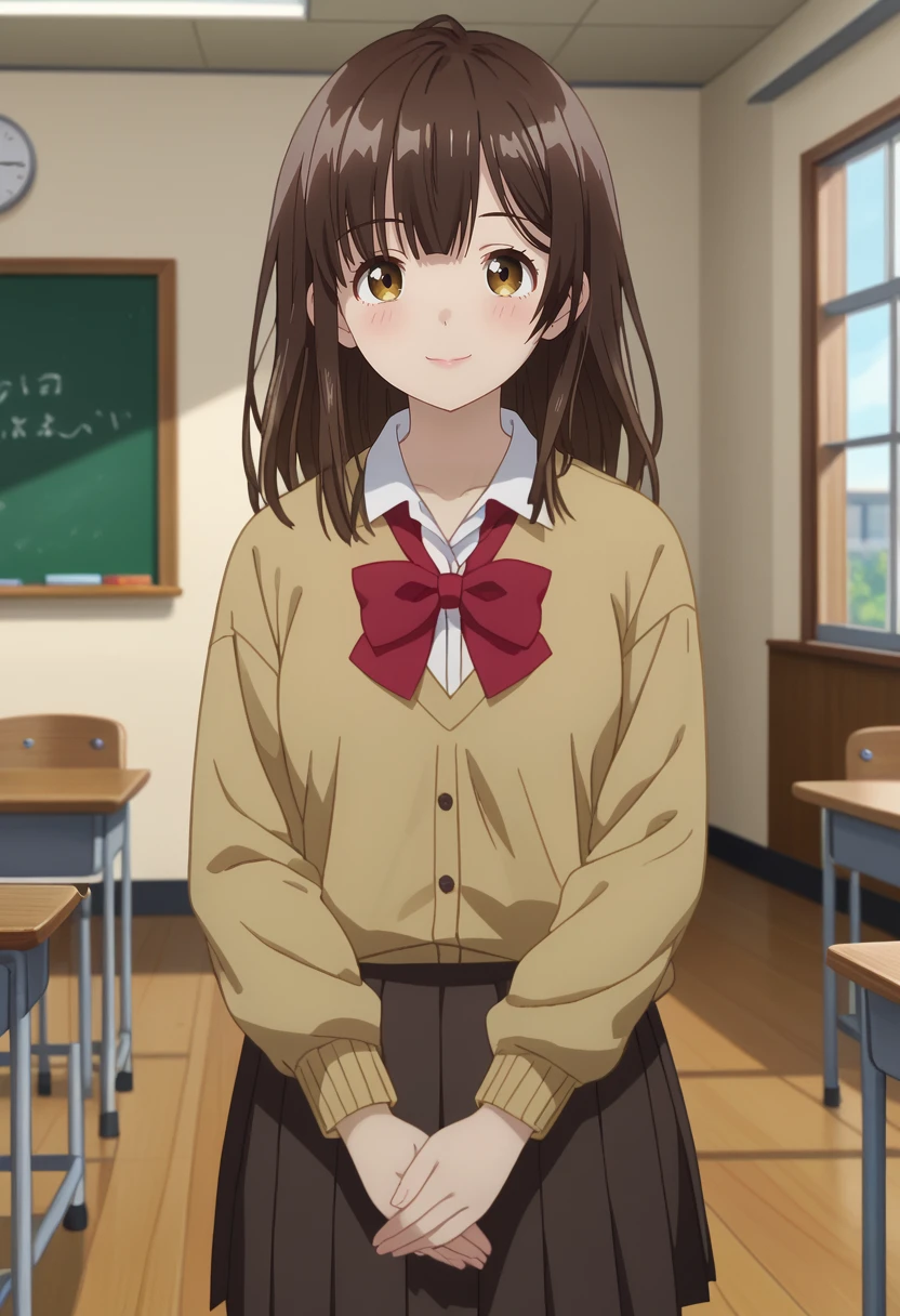 score_7_up, anime screencap,
<lora:HigeHiro_OgiwaraSayuXL:0.9>, 
1girl, solo, closed mouth, light smile,
long hair, brown hair, multicolored eyes, brown eyes, yellow eyes,
SayuSchool, brown sweater, white shirt, red bowtie, pleated skirt, brown skirt, 
standing, looking at viewer, own hands together,
blurry background, indoors, classroom