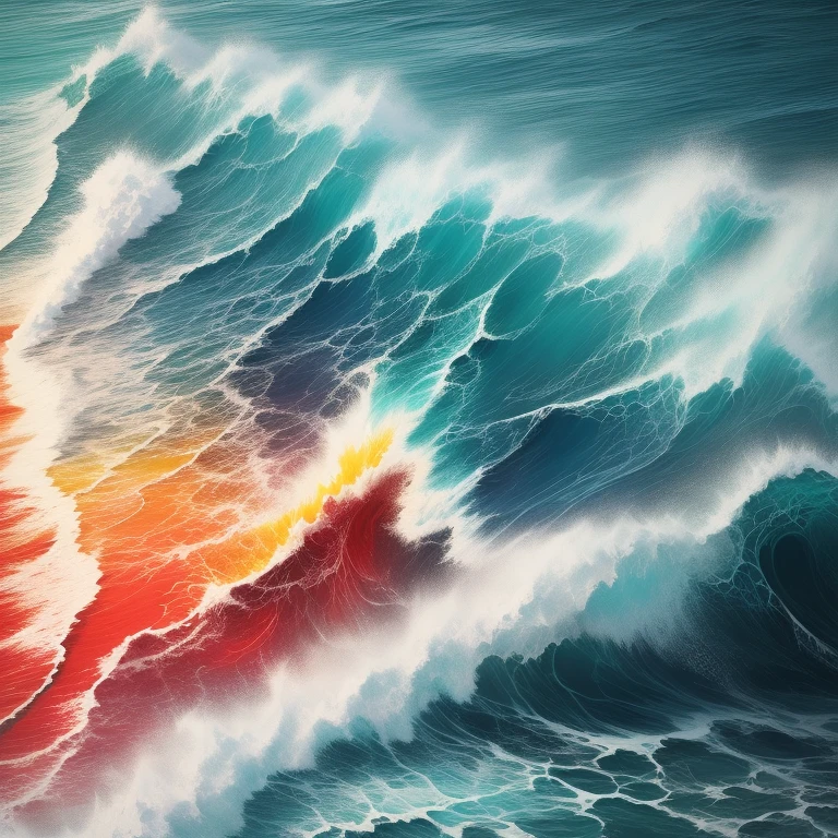 magical ocean waves, crushing the shore,  in fantasy acryliccells, top down view, water, wave, colorful, abstract, red yellow, dynamic motion