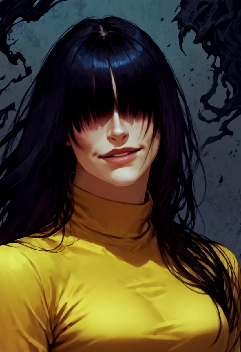 score_9, score_8_up, score_7_up, BREAK, 

yellow sweater, portrait, bangs, long straight black hair, hair slightly over eyes, epic, head tilted down, closed smile