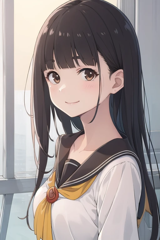 ((masterpiece)),(best quality),official art,extremely delicate and beautiful,extremely detailed CG,unity 8k wallpaper,ultra detailed,beautiful detailed eyes,extremely detailed face,outdoors,1girl,solo,upper body,(portrait:1.5),looking at viewer,facing viewer,smile,Nukumizu Kaju,very long hair,black hair,straight hair,sidelocks,blunt bangs,brown eyes,collarbone,school uniform,brown sailor collar,sailor dress,white dress,buttons,yellow neckerchief,medium breasts,long sleeves,sleeves past wrists,black socks,loafers,<lora:Nukumizu Kaju(mtmlh):1.3>,