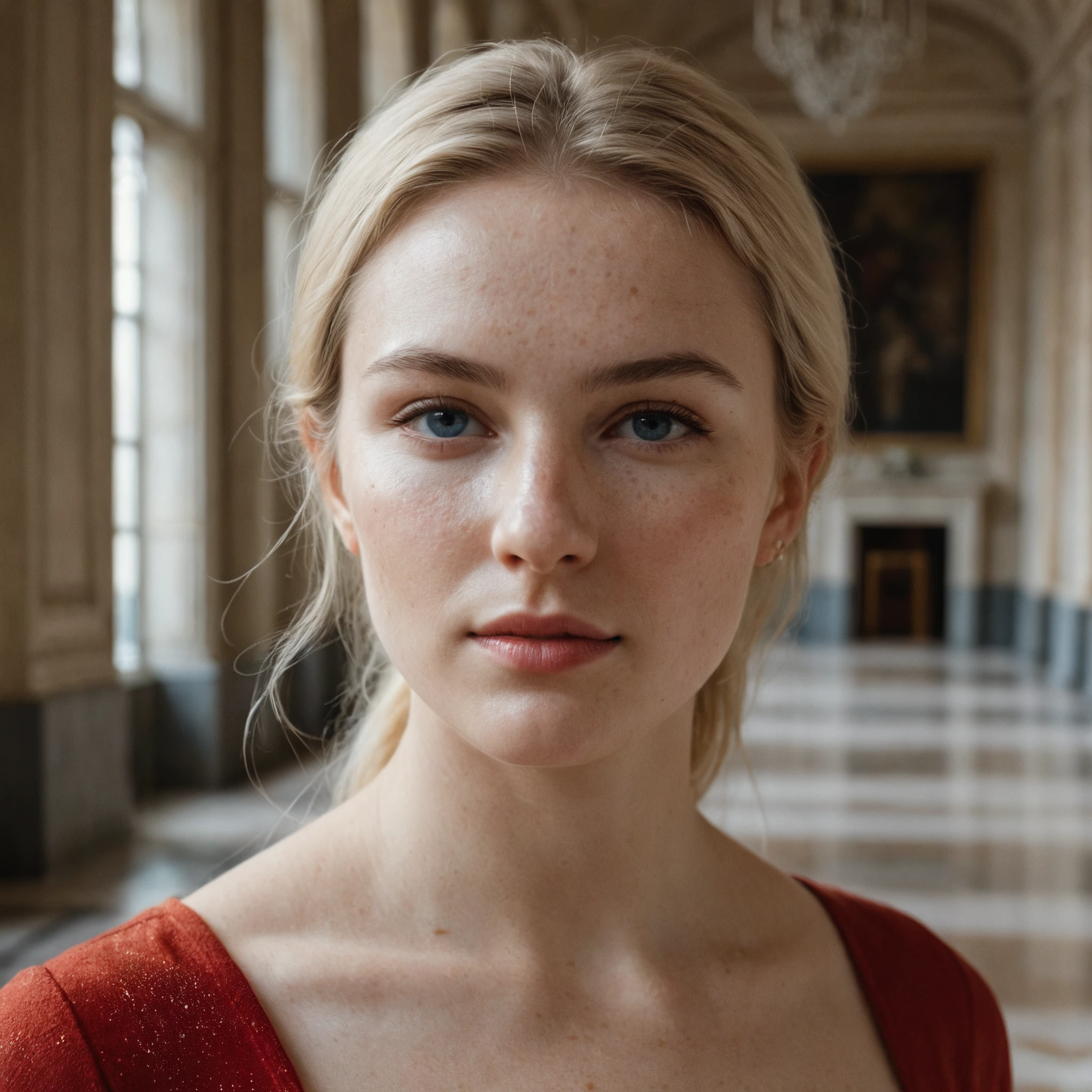 RAW photo, interior photo, full body shot from the front of a beautiful blonde woman wearing a red shirt, she stands in a marble hall like in versaille, full sharp, detailed face, visible feet, blue eyes, (high detailed skin:1.2), 8k uhd, dslr, soft lighting, high quality, film grain, Fujifilm XT  <lora:polyhedron_marble-000005:0.3>
focus on eyes, spotted light on her face, face towards sun, light on face, sun on face, dappled light in face, backlit, rim light, focus on eyes, clear eyes, shiny eyes, glittering eyes, light reflections in his eyes, winter white skin, pale skin, dry skin, clear skin, oiled shiny skin, blush, flushed cheeks, visible skin detail, skin pores, imperfect skin, skin blemish, few freckles, skin fuzz, beauty spot, moles
((background is liminal space marble hall with windows to a garden))