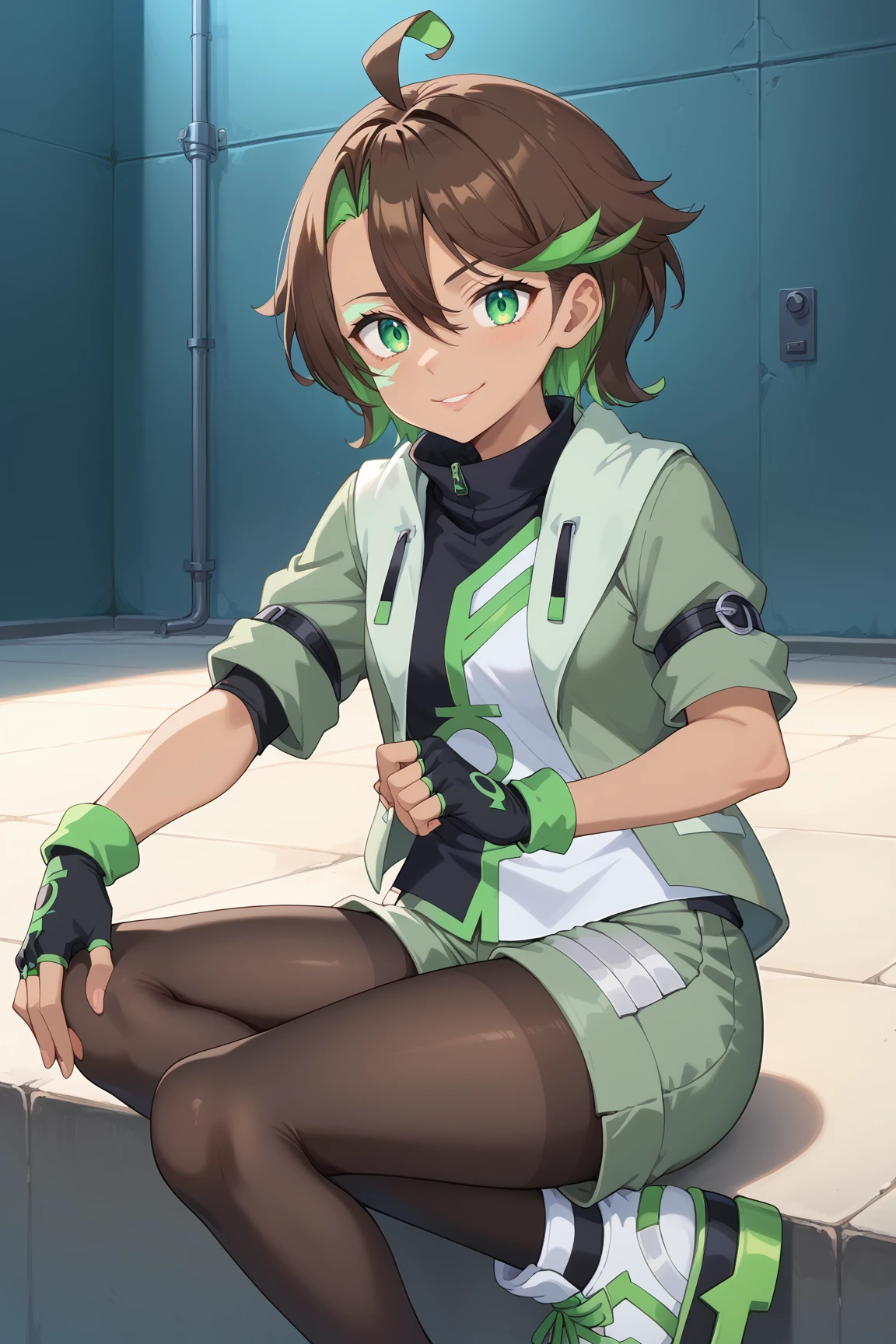 score_9, score_8_up, score_7_up, source anime, prefect lighting, very aesthetic, BREAK, 
 <lora:jessica_cruz_v1-pdv6:0.9>, 1girl, jessica cruz, green eyes, brown hair, multicolored hair, short hair, hair between eyes, ahoge, dark-skinned female, facial mark,
cruzout, shirt, short sleeves, black gloves, fingerless gloves, open jacket, green jacket, green shorts, green footwear, black pantyhose,
BREAK, looking at viewer, light smile, 
BREAK,