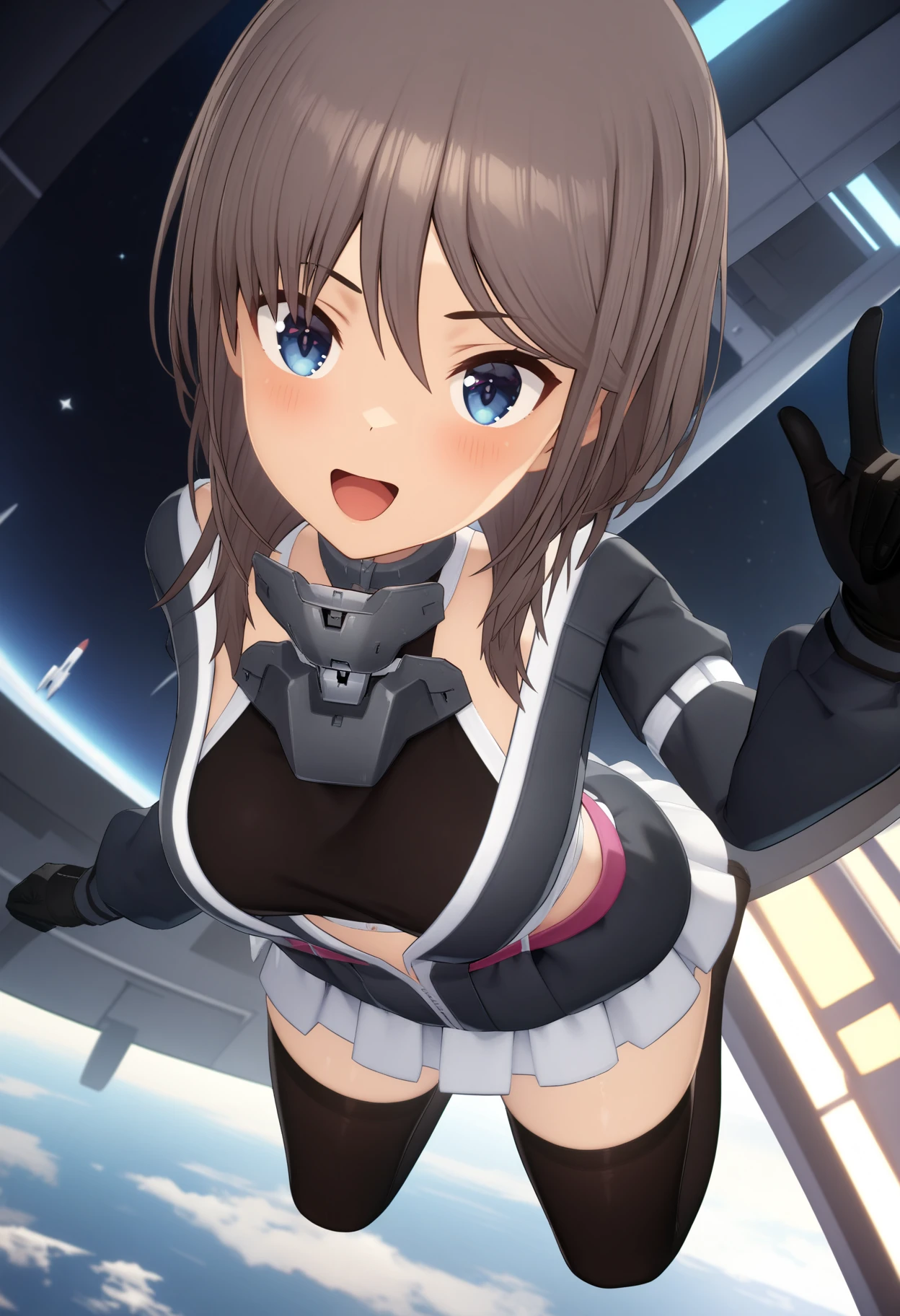 masterpiece,best quality,very aesthetic,absurdres,rim light,metallic luster,intricate details,1girl,<lora:yuuto_v1.3:1>,yuuto,Blacksmith_y,long_sleeves,black sports bra,black gloves,zettai ryouiki,black_thighhighs,
:d,light_blush,Spaceport,Space Station,starry_sky,looking_at_viewer,cinematic_angle,front view,jumping,aerial,legs_up,arm_above_head,, masterpiece,best quality, very aesthetic, absurdres, ultra detailed, high resolution, 4k, extremely detailed CG,