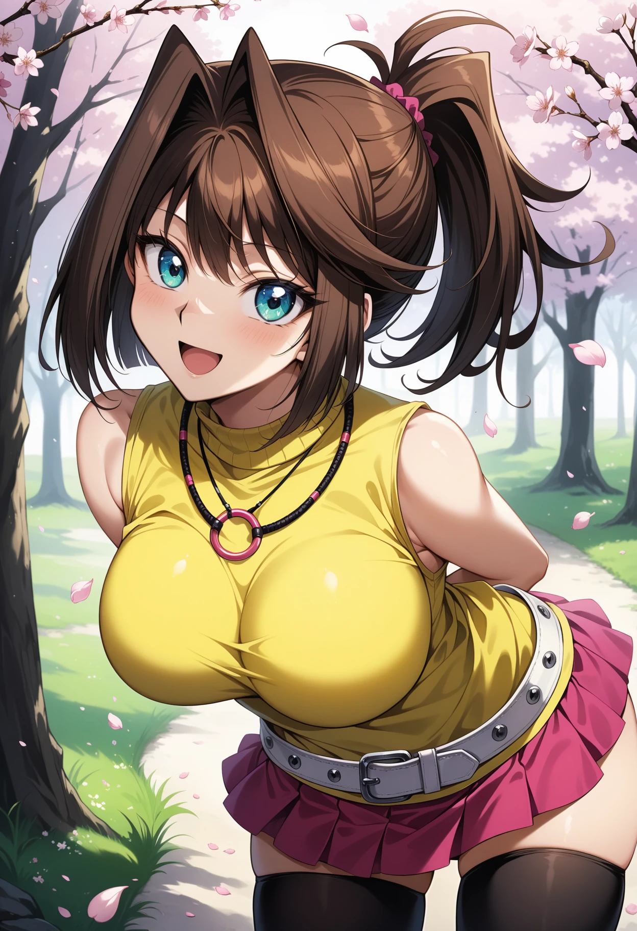 (masterpiece, best quality, very aesthetic, ultra detailed), intricate details, 4k, aaanzu, solo, medium hair, brown hair, ponytail, aqua eyes, breasts, turtleneck, necklace, yellow shirt, sleeveless, bracelet, white belt, miniskirt, pink skirt, black thighhighs, <lora:mazaki_anzu_animagine_v1:0.9>, smile, open mouth, standing, cowboy shot, leaning forward, bent over, outdoors, cherry blossoms, petals, arms behind back,