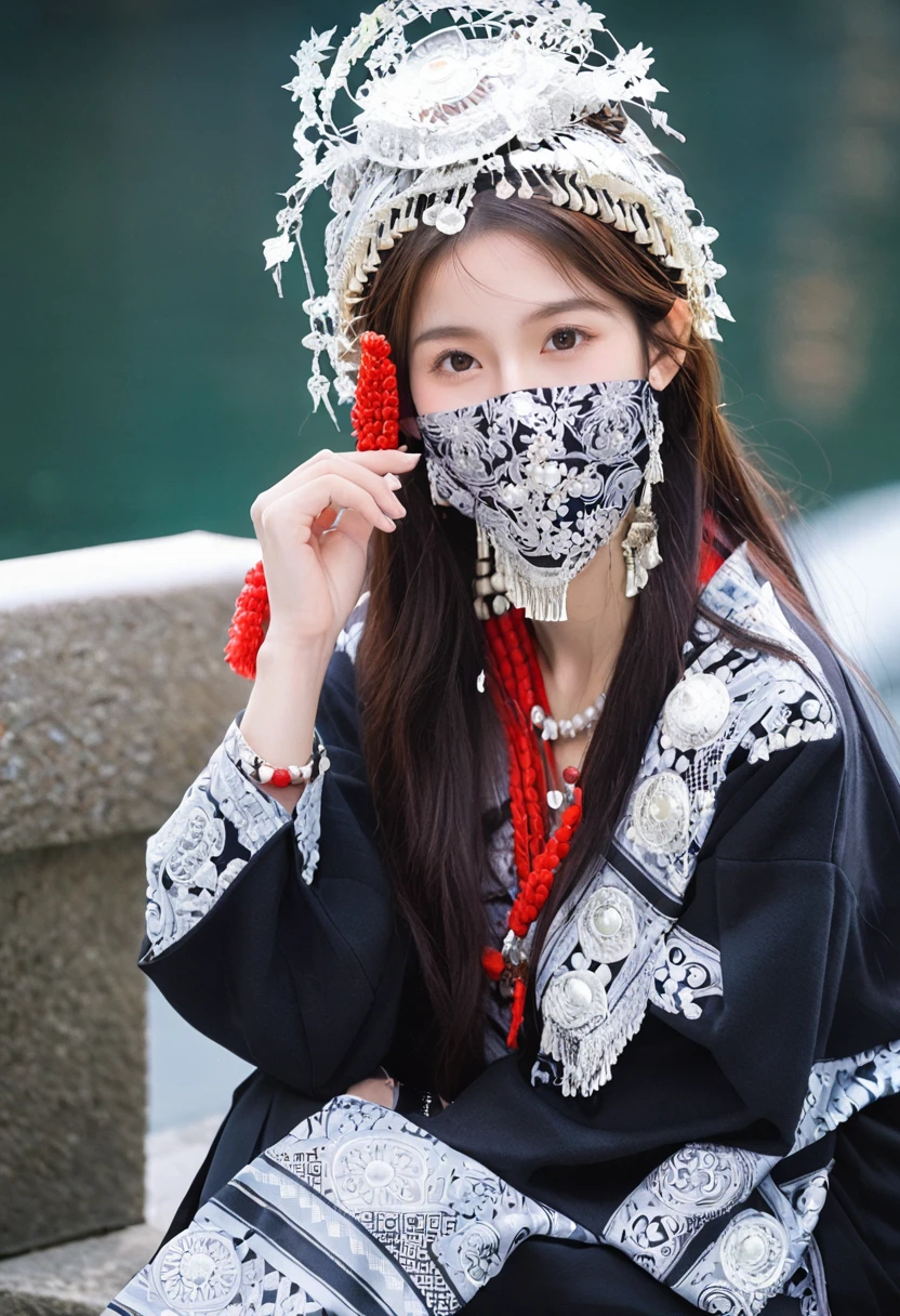 Score_9, Score_8_up, Score_7_up,miaoyuansu, miao1, 1girl, solo, black hair, jewelry, snow, hat, realistic, bracelet, necklace, long hair, looking at viewer, bag, sitting, traditional clothes, outdoors, snowing, , blurry, long sleeves, food, dress, ring, pants, headdress, pearl necklace, brown hair, day, dark skin, winter, , highly detailed face, perfect detail face,  best quality, masterpiece,beautiful detailed eyes,<lora:miaoyuansuPONY-000010:0.9>