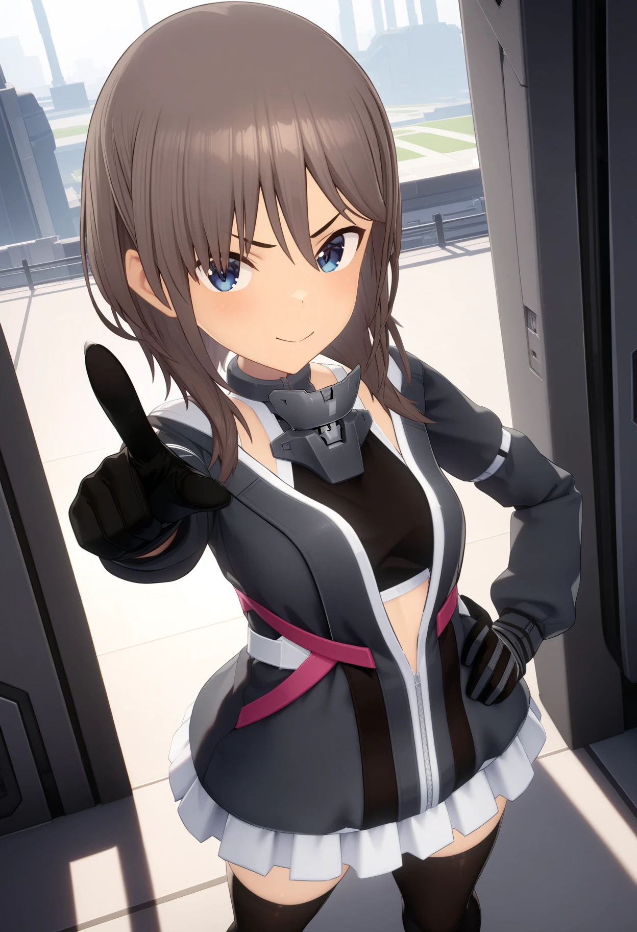 masterpiece,best quality,very aesthetic,absurdres,rim light,metallic luster,intricate details,1girl,<lora:yuuto_v1.3:1>,yuuto,Blacksmith_y,long_sleeves,black sports bra,black gloves,zettai ryouiki,black_thighhighs,<lora:Fixhands_anime_bdsqlsz_V1:1>,
smirk,light_blush,Space Station,starry_sky,looking_at_viewer,cinematic_angle,front view,pointing,point to here,hand on hip,standing,spread legs,from_above,, masterpiece,best quality, very aesthetic, absurdres, ultra detailed, high resolution, 4k, extremely detailed CG,