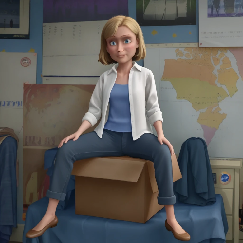 score_8_up, BREAK, 1girl, solo, msdavis, blonde hair, short hair, blue eyes, blue top, white shirt, open shirt, pants, flats, sitting on box,  <lora:MsDavis_ToysStory_PXL_Leaf1_r1:1>,