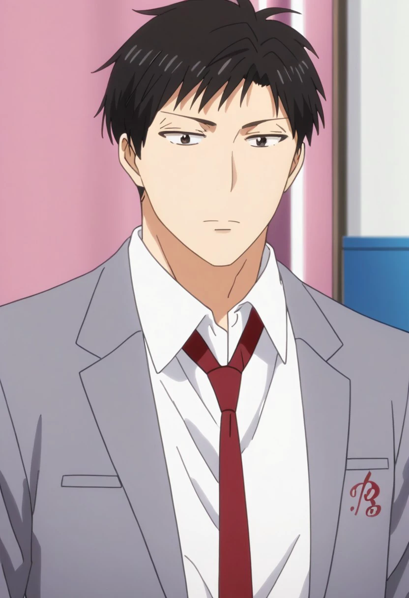 score_9, score_8_up, score_7_up, source_anime, rating_safe, NozakiGSN, black Nozaki hair, black Nozaki eyes, 1boy, male focus, anime screencap, white Nozaki shirt, red necktie, grey blazer,