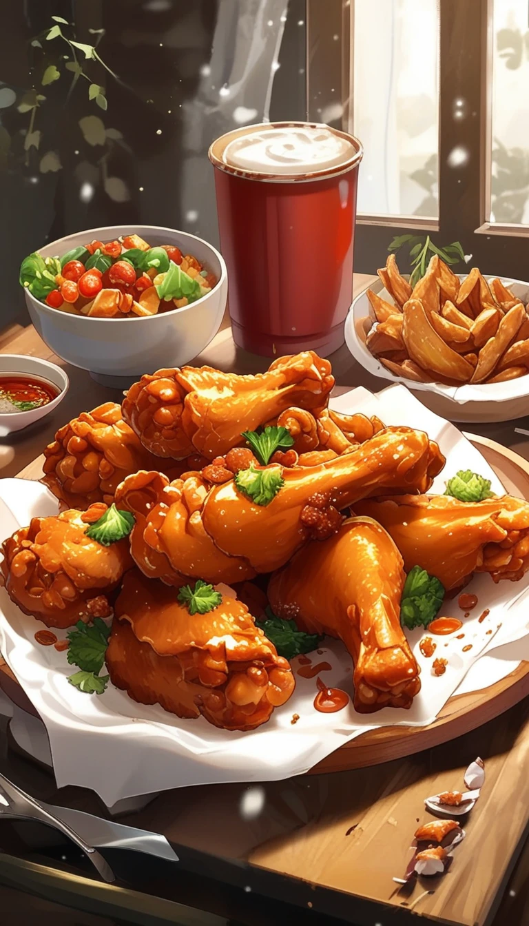 二次元动漫风格, a dining table with a variety of food items, including a plate of chicken wings, a bowl of fries, a plate of fruit, and a cup of sauce. There are also utensils like a fork and a knife present on the table. The table is adorned with a white tablecloth, and the food is arranged on a wooden platter. The style of the image is a close-up shot, which allows the viewer to focus on the details of the food and the table setting. The composition of the image emphasizes the visual appeal of the food and the table setting, making it an appetizing and inviting scene.