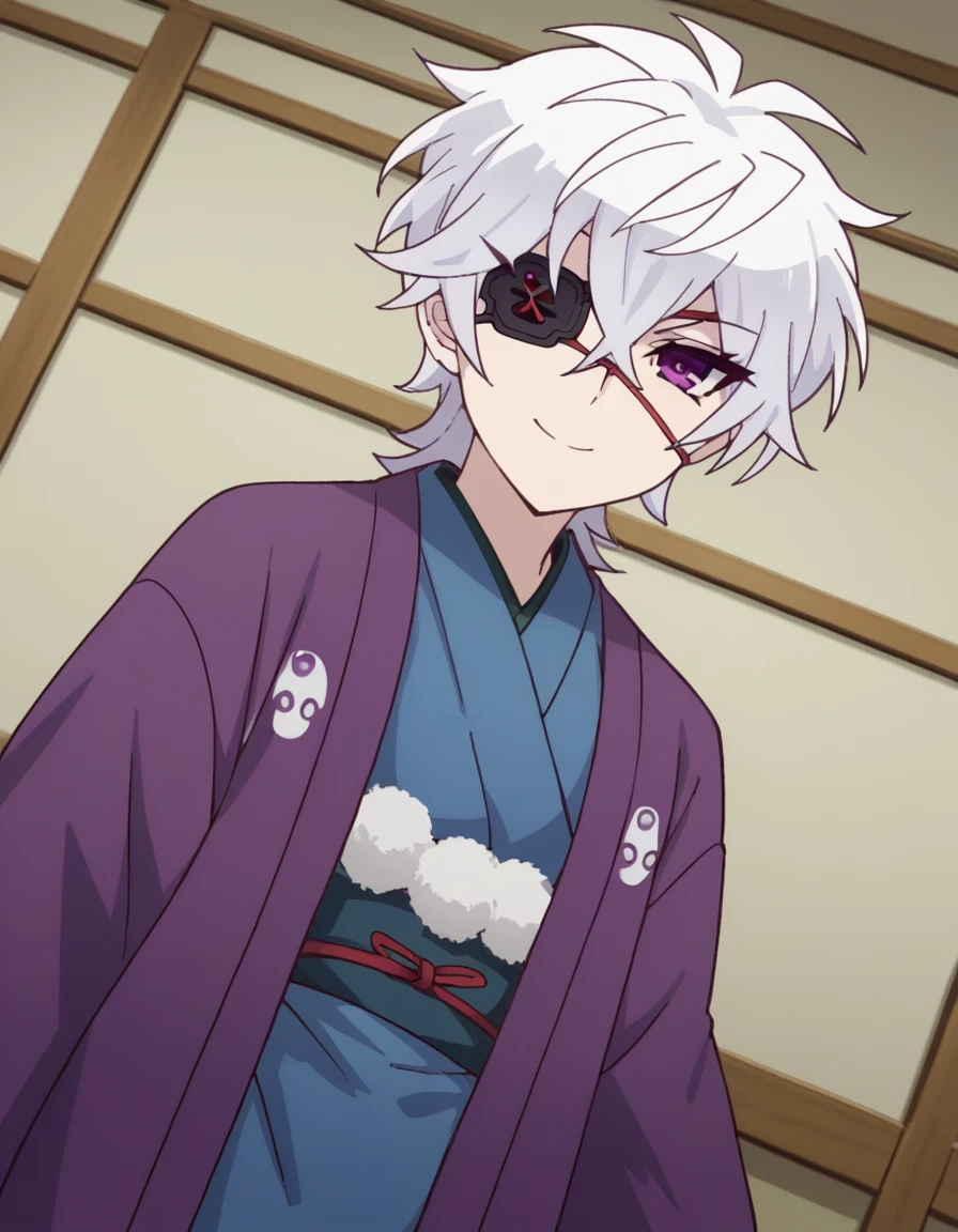 score_9, score_8_up, score_7_up, source_anime, <lora:oboro-shintou-s1-ponyxl-lora-nochekaiser:1>, oboro shintou, purple eyes, white hair, eyepatch,, japanese clothes, kimono, blue kimono, haori,, indoors, smile, looking at viewer, solo,, cowboy shot, dutch angle