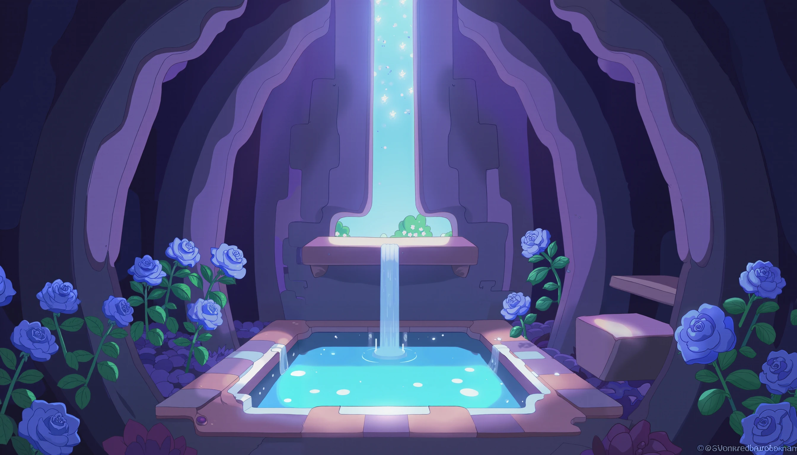 a cave surrounded by gemstones in the distance you can see a water basin with a waterfall blue roses grow by the basin the light from the gemstones with which the wall is decorated falls on the water and casts shadows on the rose petals the atmosphere of the illustration is magical and warm