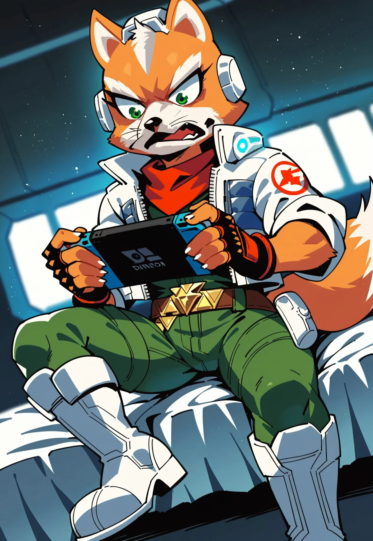 safe_pos, score_9, score_8_up, score_7_up, score_6_up, score_5_up, score_4_up, source_furry, hi res, blurred background, particles, dim lighting, spaceship, dutch angle, solo, sitting on bed, Fox McCloud, Fox, White-Jacket, Red Kerchief, Green Bodysuit, Fingerless Gloves, Belt, Headgear, Left-Scouter, Metal Boots, looking below, green eyes, open mouth, looking determined, concentrated, anthro, male, playing on nintendo switch