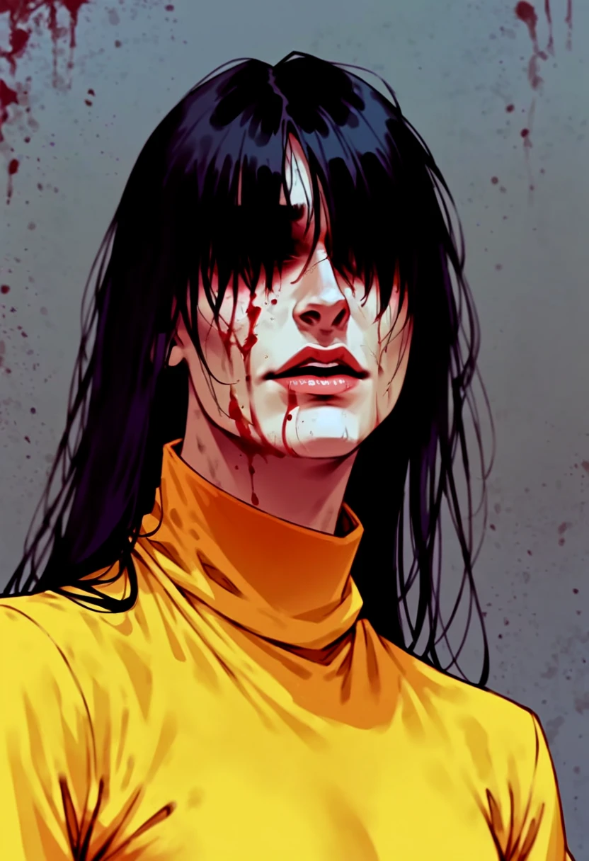 score_9, score_8_up, score_7_up, BREAK,
loose (turtleneck:1.1) yellow sweater, portrait, BREAK, bangs, long (straight:1.1) black hair, hair over eyes, covered in blood, dead bodies, corpses, viscera