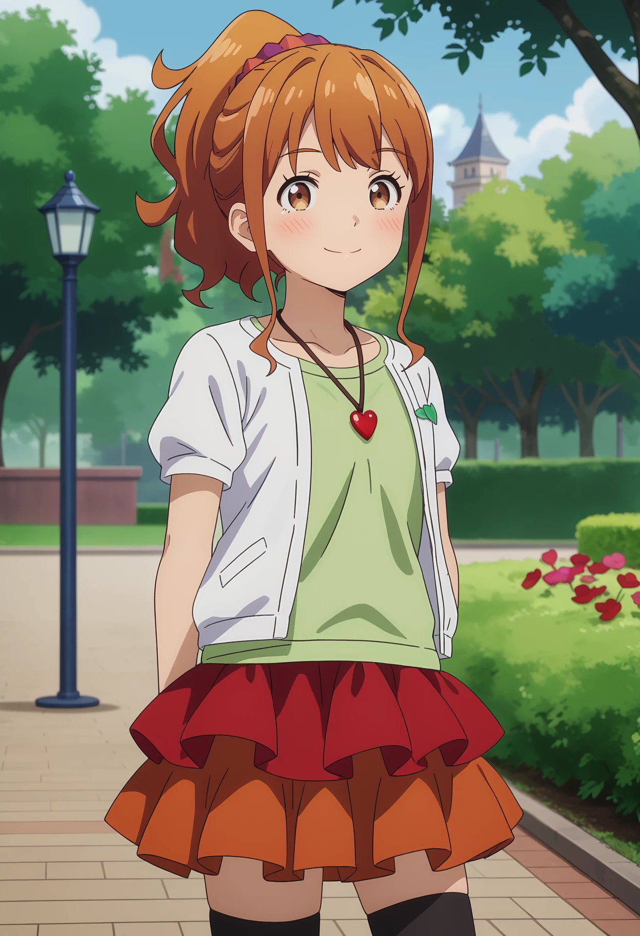 score_7_up, anime screencap,
<lora:EromangaSensei_JinnoMegumiXL:0.8>, JinnoMegumi,
1girl, solo, closed mouth, light smile, light blush,
ginger hair, brown eyes, ponytail, hair scrunchie,
MegumiCasual2, white jacket, green shirt, heart necklace, short sleeves, layered skirt, frilled skirt, red skirt, black thighhighs,
standing, looking at viewer, thigh gap, arms at sides,
blurry background, outdoors, park, sky