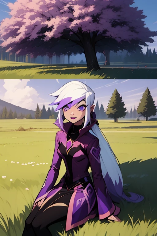 <lora:charm-06:1>charmcaster, white hair, ponytail, black lipstick, purple clothes, in grass fields, purple sky, purple grass, single tree, only one tree, purple tree, scared, sitting under tree, flat grasslands, screencap,, masterpiece, best quality, detailed shading, detailed ambient light, detailed background, masterpiece,