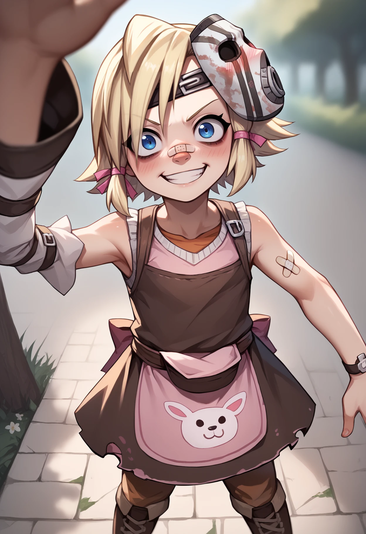 score_9, score_8_up, score_7_up, BREAK
1girl, tinytina, blonde hair, short hair, blue eyes, mask on head, bandaid on nose,
apron, boots, detached sleeves, pants,
grin, crazy, young girl, 
kabedonpov, facegrabpov, blush, upper body, looking at viewer, solo, outdoors <lora:TinyTinaXL:1>  <lora:GrabbingViewerXL:1>