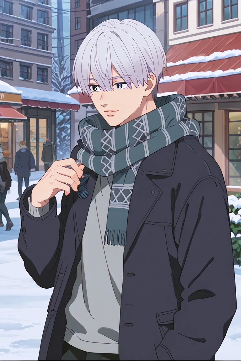 score_9, score_8_up, score_7_up, source_anime, rating_safe, ItsuomiASAff, grey Itsuomi hair, blue Itsuomi eyes, 1boy, male focus, anime screencap, scarf, jacket, trousers, winter outfit, hands with five fingers