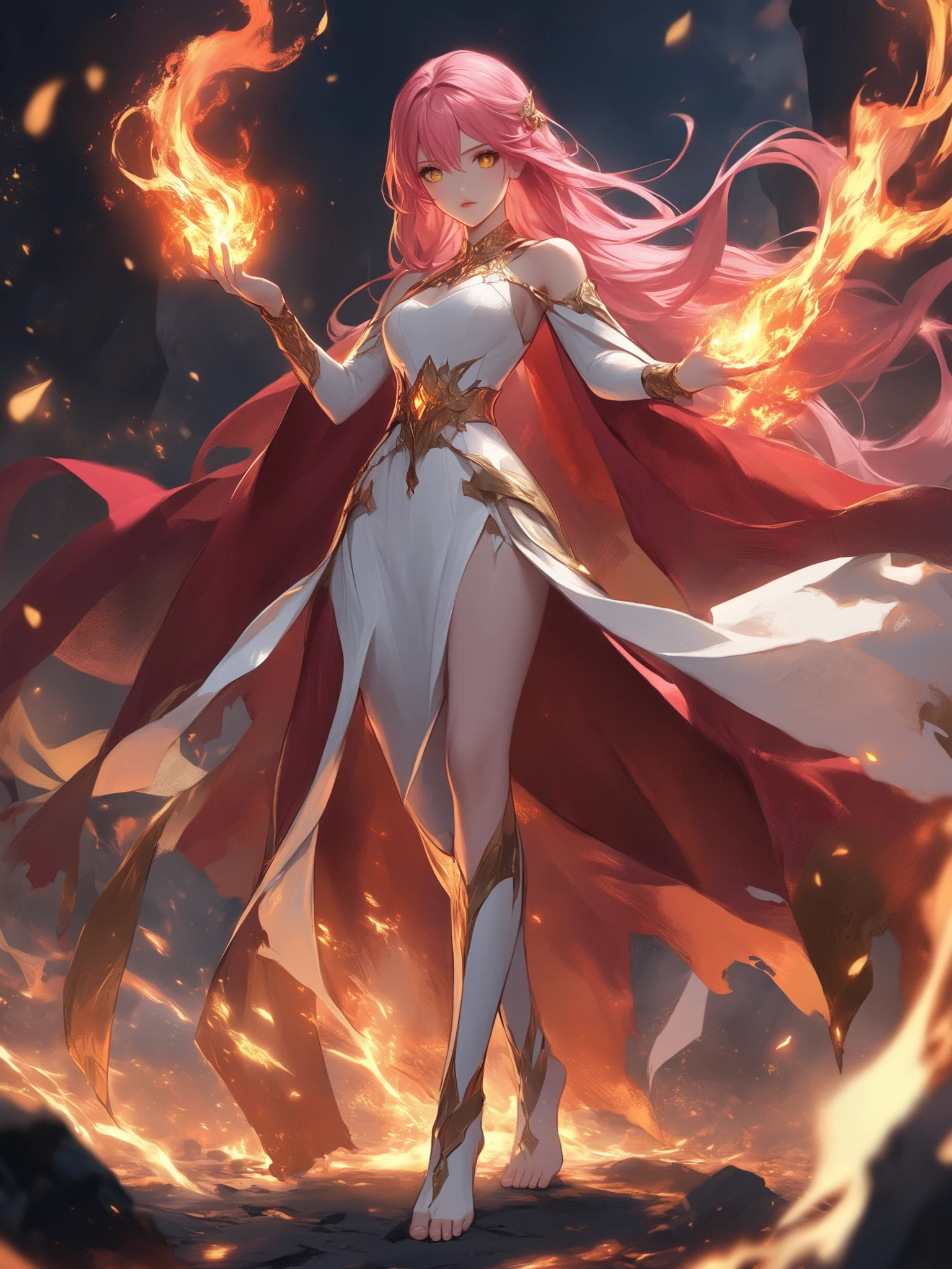 FRESHIDEAS,A powerful, fiery scene featuring a girl with long pink hair, standing barefoot amidst a burning landscape at dusk. Her hair blazes **** fire, matching her intense yellow eyes. She wears a flowing, white cloak with gold accents over a burnt orange dress that contrasts with the fiery surroundings. Her cloak and dress are tattered, with embers clinging to the fabric. In one hand, she holds a burning leaf, and in the other, a flaming sword. Her torn red cape, now accented with shades of deep purple and black, billows in the wind as sparks and embers surround her. The background shows a mountainous horizon with a volcano spewing molten rock, and a dark cave glowing with eerie blue fire. The sky is a gradient of orange to purple, reflecting the autumn leaves around her, while a phoenix rises from the flames in the distance. The scene also includes Halloween elements **** jack-o'-lanterns, ginkgo leaves, and distant fireworks, adding to the mystical and dramatic atmosphere