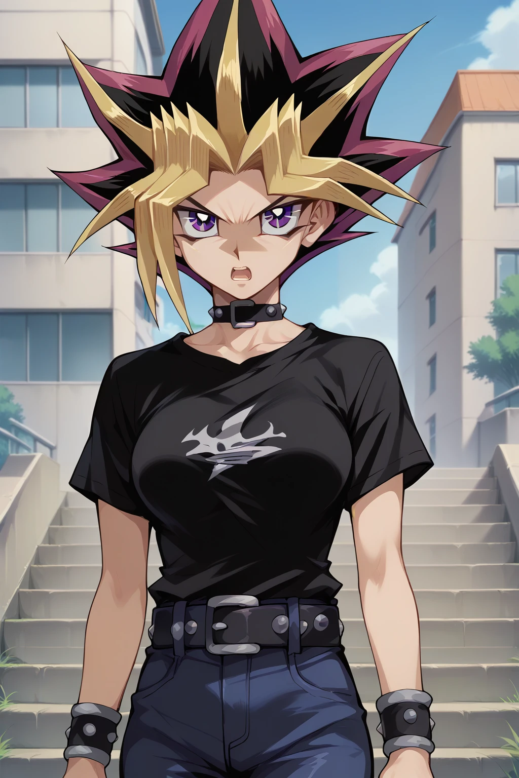 score_9, score_8_up, score_7_up, score_6_up, score_5_up,
Yugi, 1girl, large_breasts, dyed_bangs, bangs, purple_eyes, spiked_hair, short_hair, multicolored_hair, blonde_hair, white_pupils, 
 tree, open_mouth, outdoors, shirt, day, stairs, black_shirt, black_hair, pants, blonde_hair, sky, blue_pants, buckle, belt_choker,  bangs, impossible_shirt, collarbone, solo_focus, short_sleeves, grass, teeth, t-shirt, blue_sky, impossible_clothes, wristband, short_hair, building, angry, standing, looking_at_viewer,
 <lora:Yami_Yugi_R63:1>