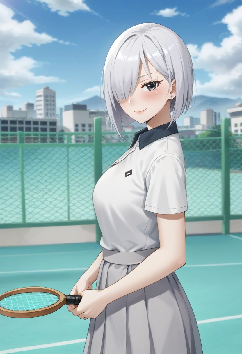 Fiona Frost  , solo, standing, from side, looking at viewer, tennis uniform, holding tennis racket, smile, blush, outdoors, tennis court, clouds, fence, city<lora:FFA:1>