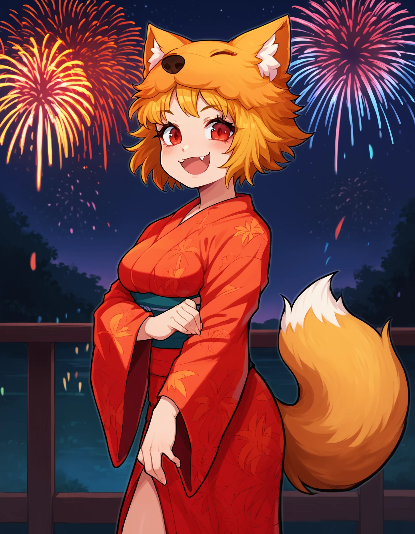 score_9, score_8_up, score_7_up, score_6_up, source_anime, 2D, anime,
1girl, M00nfl0wer, fox tail, yukata, red eyes, japanese outfit, red eyes, looking at viewer, smile, fang, medium breasts, standing, night, aerial fireworks, colorful fireworks, night sky, outdoors, cowboy shot,