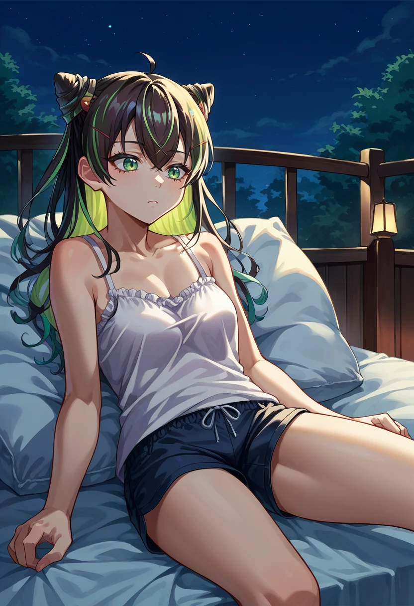 score_9, score_8_up, source_anime, 1girl, solo, Hachidori, multicolored hair, long hair, cone hair bun, ahoge, hair ornament, sleepwear, camisole, shorts, on bed, night, <lora:ChamHachidoriPonyXL:1>