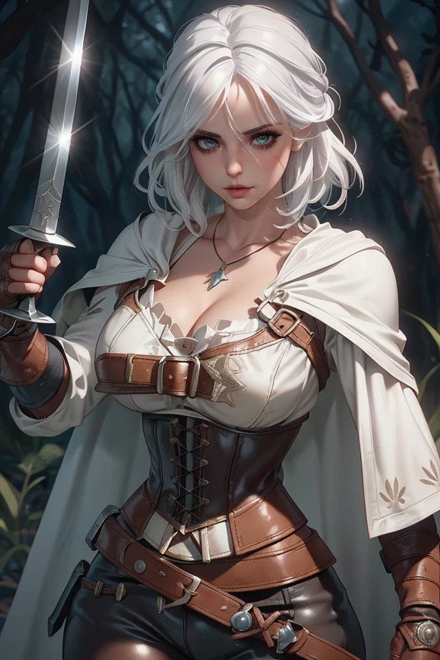 (P_Ciri),solo, lips, 1girl, long hair, eyelashes, breasts, looking at viewer, makeup, white hair, side bangs, updo hair, armor, corset, strap, cloak, necklace, belt, Holding a sword in both hands, fierce expression, magical background,