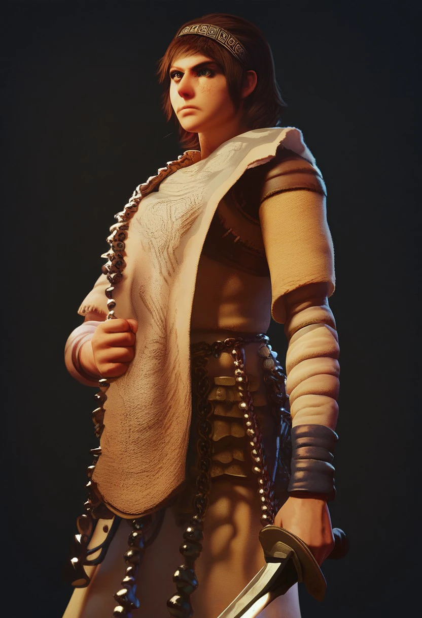 ,score_9, score_8_up, score_7_up, 
SOTCWanda, 1girl, solo, simple background, brown hair, holding, weapon, hairband, sword, holding weapon, armor, holding sword, black background, freckles, realistic, chainmail, surcoat