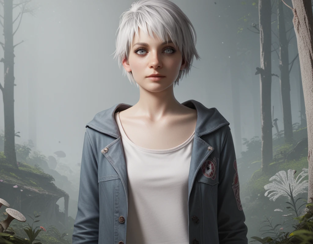 score_9, score_8_up, score_7_up,  <lora:Re7_Zoe_Baker:1> zoe-baker, re7, 1girl, solo, short hair, jacket, unisex shirt, silver eyes, white eyes, bandana, 1girl, white hair, looking at viewer, realistic, fungus, infected, fungal growth,