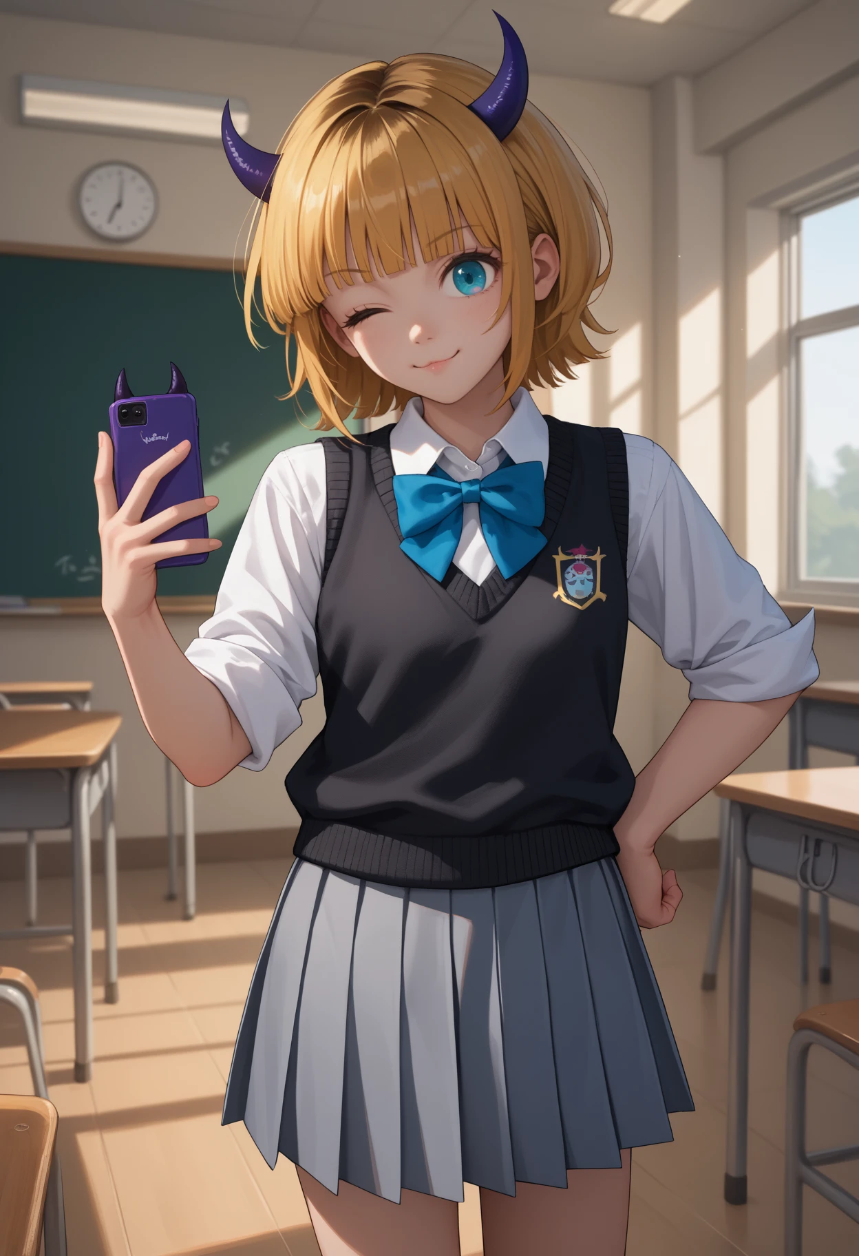 score_9, score_8_up, score_7_up, source_anime, solo, 1girl, mem-cho, ;3, smile, closed mouth, looking at you, standing, holding phone, fake horns, demon horns, one eye closed, school uniform, black sweater vest, white shirt, collared shirt, blue bow, sleeves rolled up, grey skirt, pleated skirt, indoors, classroom
<segment:yolo-face_yolov8m.pt,0.4,0.5>