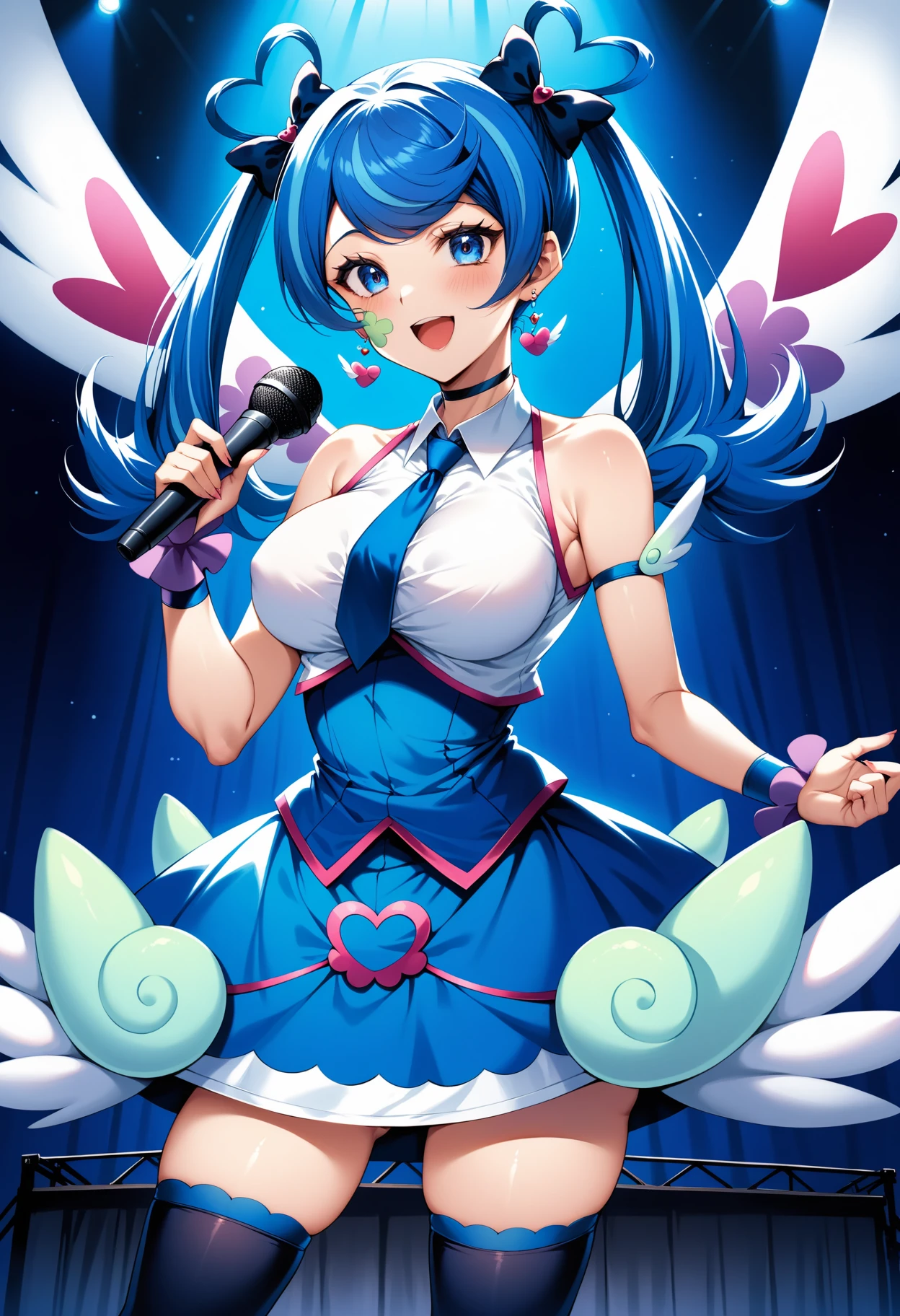 (masterpiece, best quality, very aesthetic, ultra detailed), intricate details, 4k, bbangel, blue hair, streaked hair, twintails, hair bow, earrings, blue eyes, facial mark, wings, breasts, choker, bare shoulders, blue necktie, collared shirt, white shirt, dress, sleeveless, arm strap, wrist cuffs, blue skirt, blue thighhighs, <lora:zaizen_aoi_animagine_v1:0.9>, standing, cowboy shot, stage, concert, holding microphone, singing, open mouth, smile,