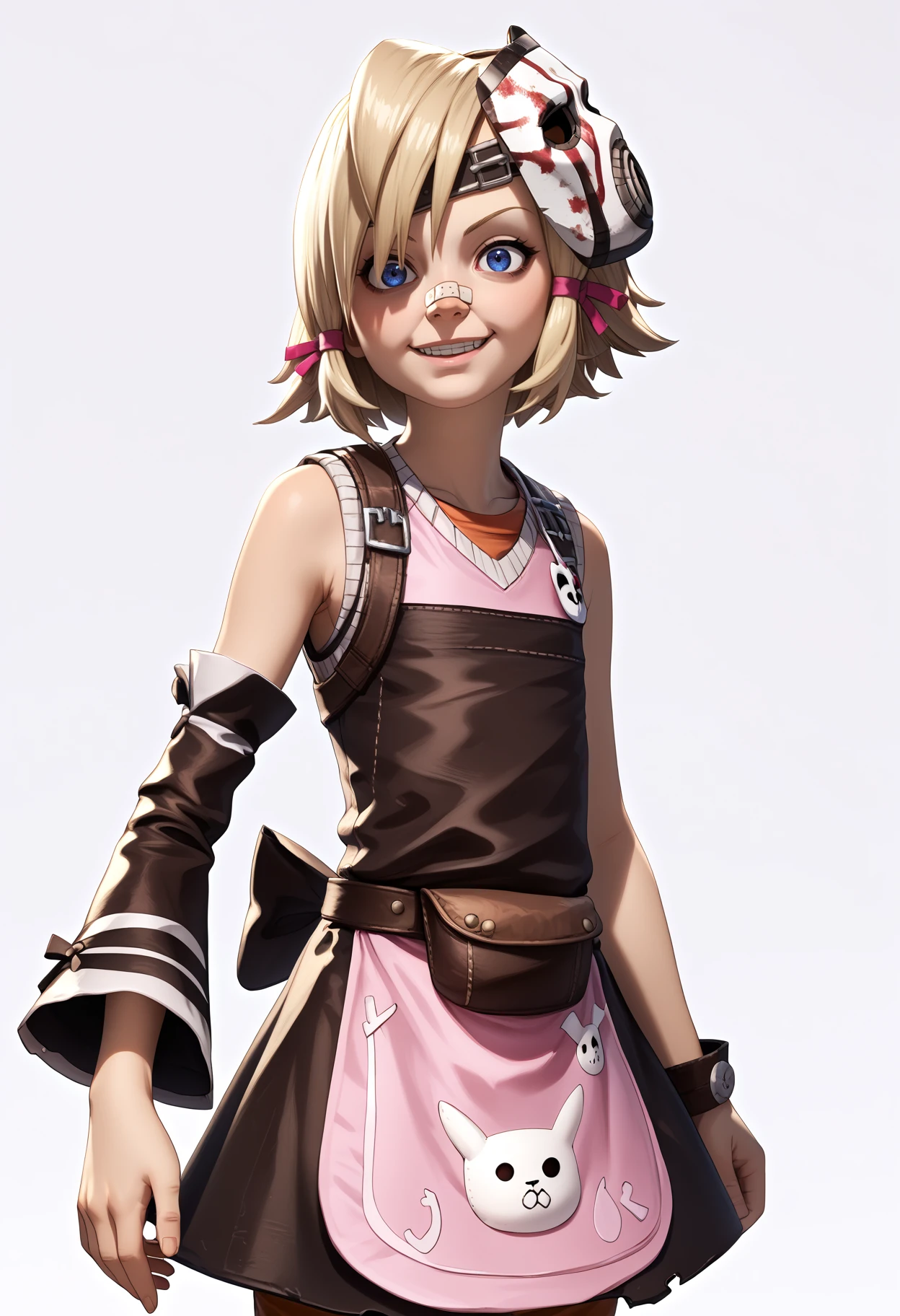 score_9, score_8_up, score_7_up, BREAK
realistic,render,blender \(medium\),
1girl, tinytina, blonde hair, short hair, blue eyes, mask on head, bandaid on nose,
apron, boots, detached sleeves, pants,
evil smile, upper body, standing, looking at viewer, solo, simple background, white background     <lora:TinyTinaXL:1>