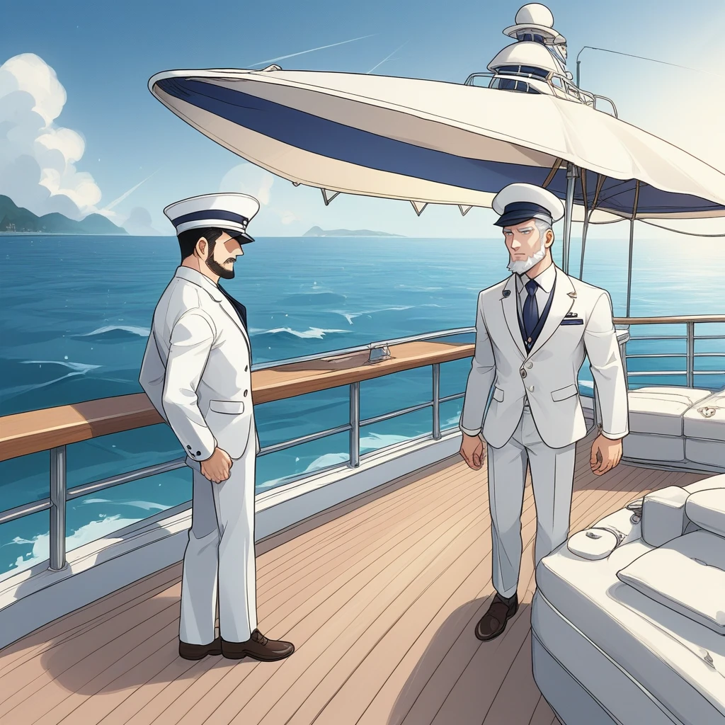 score_9, score_8_up, score_7_up, score_6_up, score_5_up, score_4_up, zPDXL2,source_anime,rating_questionable,1boy, white beard, sea captain, white suit, captains hat, <lora:Yacht:0.8> Y4cht, yacht deck, ocean