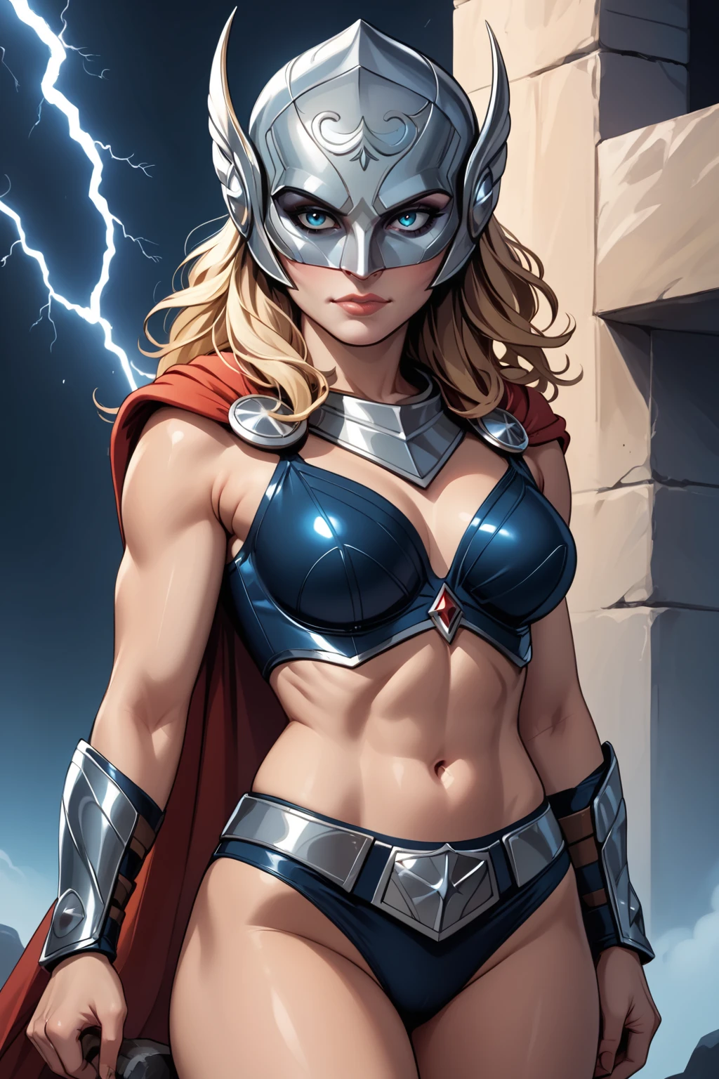 <lora:Jane_Foster_PDXL_spamb0t:0.8>,Marvel_Jane_Foster 
BREAK long blonde hair 
BREAK helmet, armor bikini, midriff, navel 
BREAK red cape 
BREAK (hammer, lightning, mjolnir \(marvel\):1.2)
BREAK sultry,seductive,sexually suggestive,sitting cross-legged 
BREAK three-quarter rear angle view, closeup 
BREAK soft giggles with one hand lightly covering the mouth, eyes sparkling with delight 
BREAK high quality,film grain,cinematic lighting,volumetric lighting,modeling shoot 
BREAK (hyper detail,insanely detailed,best quality,masterpiece,photorealistic:1.3)