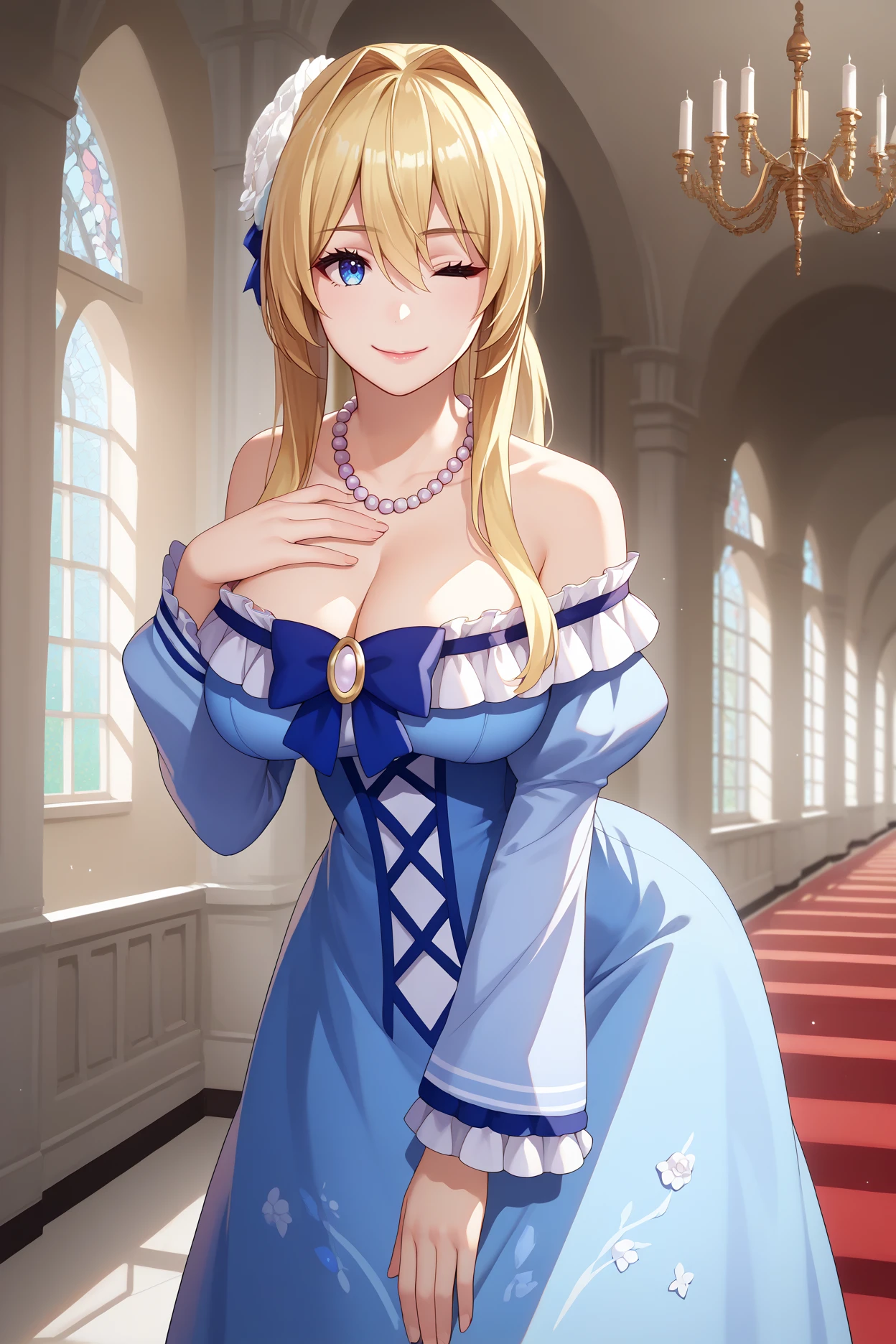 score_9, score_8_up, score_7_up, score_6_up, source_anime, 1girl, solo,  <lora:elishaelfrieden-pdxl-nvwls-v1-000004:1> erisha, blonde hair, ponytail, hair intakes, hair between eyes, long hair, hair ornament, hair flower, pearl necklace, blue dress, off-shoulder dress, frills, cleavage, blue bow, long sleeves, large breasts, leaning forward, looking at you, wink, smile, hallway, hand on own chest, mansion, chandelier