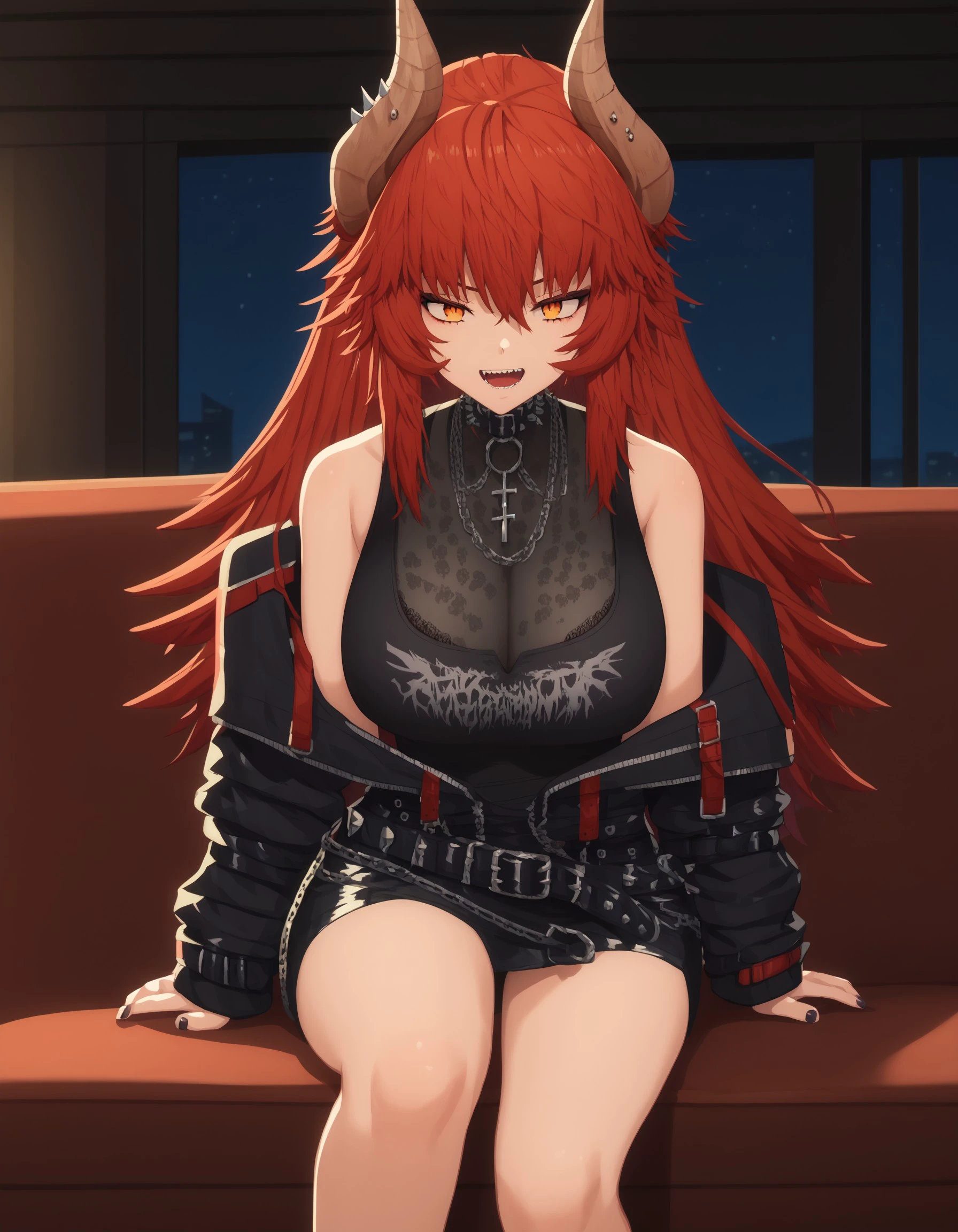 score_9, score_8_up, score_7_up, 1girl, black shorts, partially unzipped, black sleeveless shirt, long messy hair, spiked collar, black shirt, chain necklace, cross necklace, jewelry, black open jacket, belt, dragon wings, dragon tail, dragon horns, orange eyes, red hair, zentreyametal, half-body, indoors, smug look, dynamic illumination, looking at you, straight-on, big breasts, open mouth, anime screencap, sitting on couch, night, dim light, <lora:11817b95-75db-4a6e-b7a2-ba70fdbadedc:0.8>, <lora:65cd618c-a9e0-4837-9c63-5ed3045c9874:1.0>