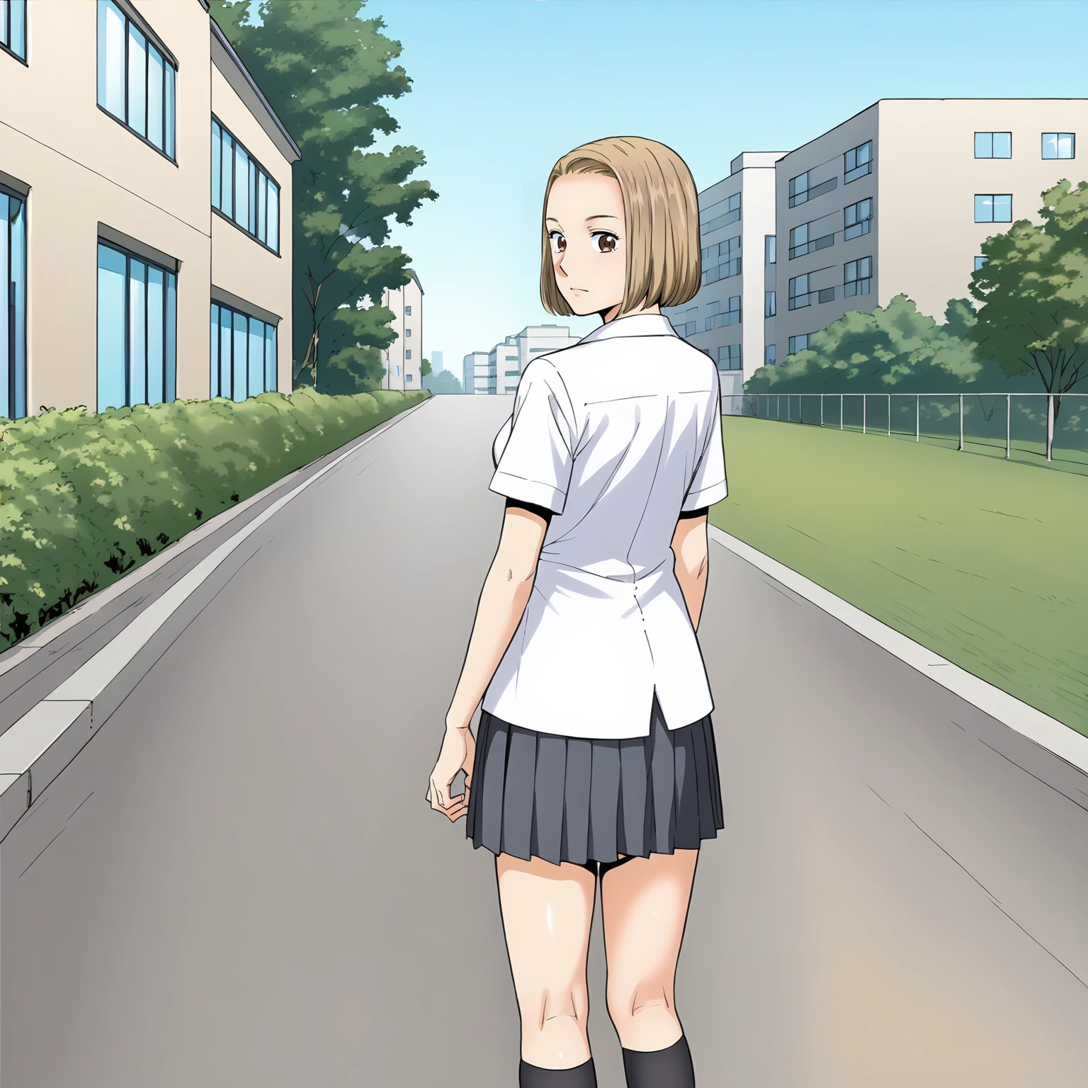 <lora:KZ_TomonoNiiyamaXLpony001>,
solo,
TomonoNiiyama,1girl,blonde hair,bob_cut,forehead,brown eyes,
medium breasts,
dress_shirt,short_sleeves,
pleated_skirt,
black socks,knee length socks,
outdoors,
standing,looking back,