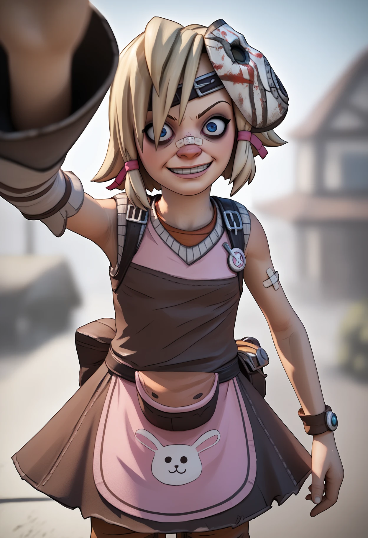 score_9, score_8_up, score_7_up, BREAK
realistic,render,blender \(medium\),
kabedonpov, facegrabpov,
1girl, tinytina, blonde hair, short hair, blue eyes, mask on head, bandaid on nose,
apron, boots, detached sleeves, pants,
grin, crazy,
upper body, looking at viewer, solo, outdoors <lora:TinyTinaXL:1>  <lora:GrabbingViewerXL:1>