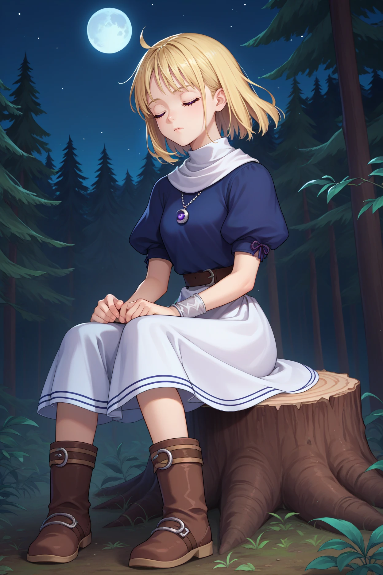 score_9, score_8_up, score_7_up, score_6_up, source_anime, 1girl, solo <lora:yselena-pdxl-nvwls-v1-000005:1> ysElena, blonde hair, medium hair, purple eyes, bracelet, pendant, blue shirt, puffy sleeves, short sleeves, belt, white skirt, closed eyes, sitting, tree stump, forest, alpine forest, night, night sky, moon, brown boots