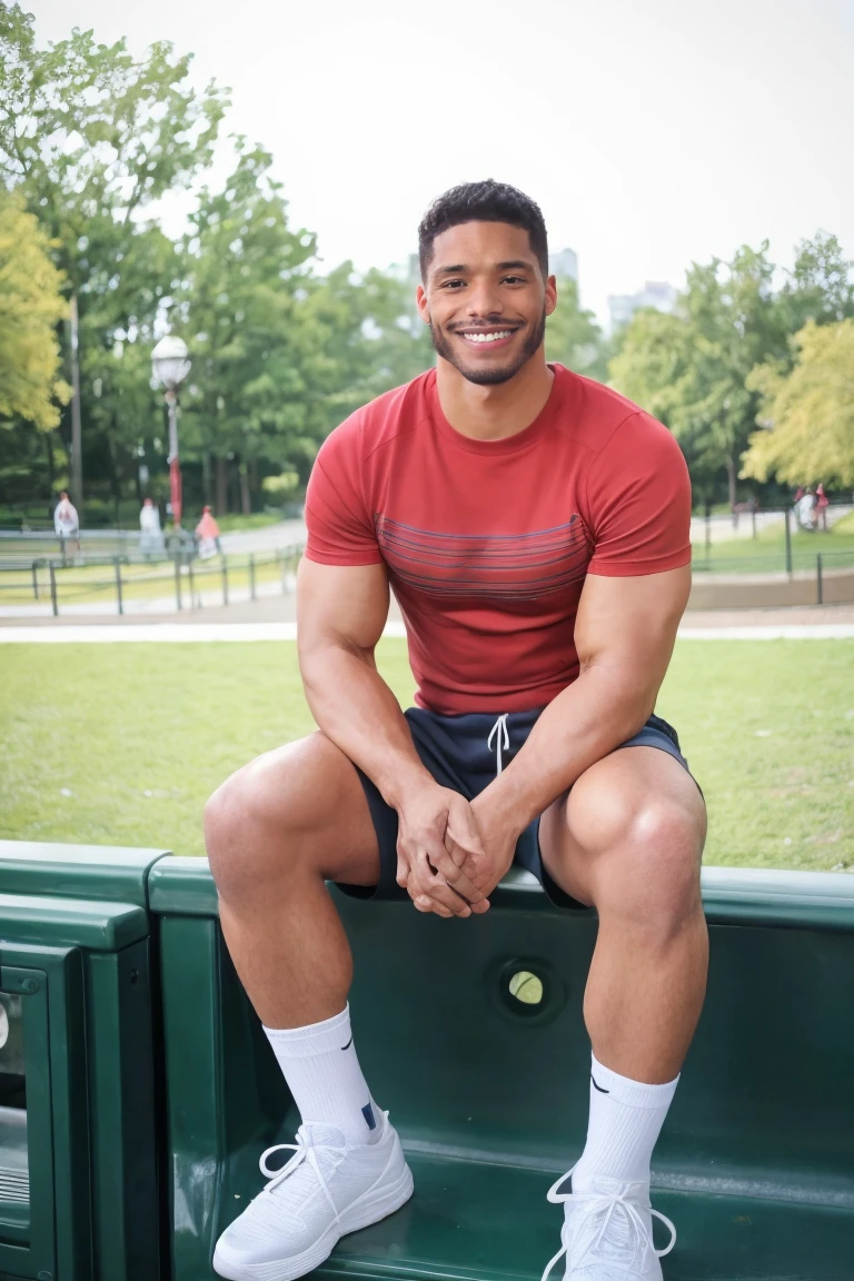 photo of a man, r0m3, facial hair, frontview,frontview, smirk, city, sitting, Central park, t-shirt, shorts, (muscular, thick legs:0.6), socks, sneakers, looking to viewer, cinematic lighting, detailed face, detailed eyes, masterpiece, high_res, perfect face ,   <lora:romesd15:.9>