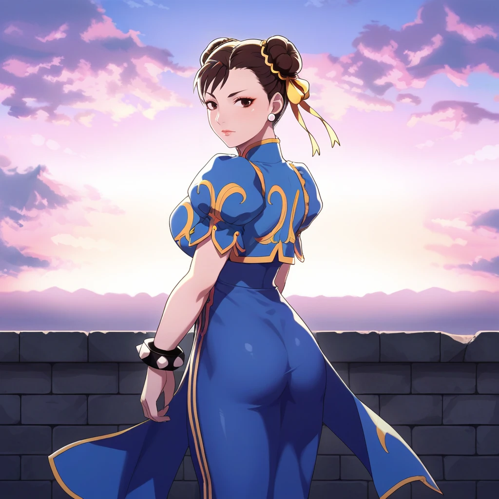 score_9, score_8_up, score_7_up, score_6_up, score_5_up, score_4_up, zPDXL2,source_anime,rating_questionable,  1girl, looking at viewer, cowboy shot, chun-li, Blue Qipao, <lora:S-Support:0.7> SSupp0rt, cloud, scenery, outdoors, short stone wall, horizon, cloudy sky, sunset, sunlight,