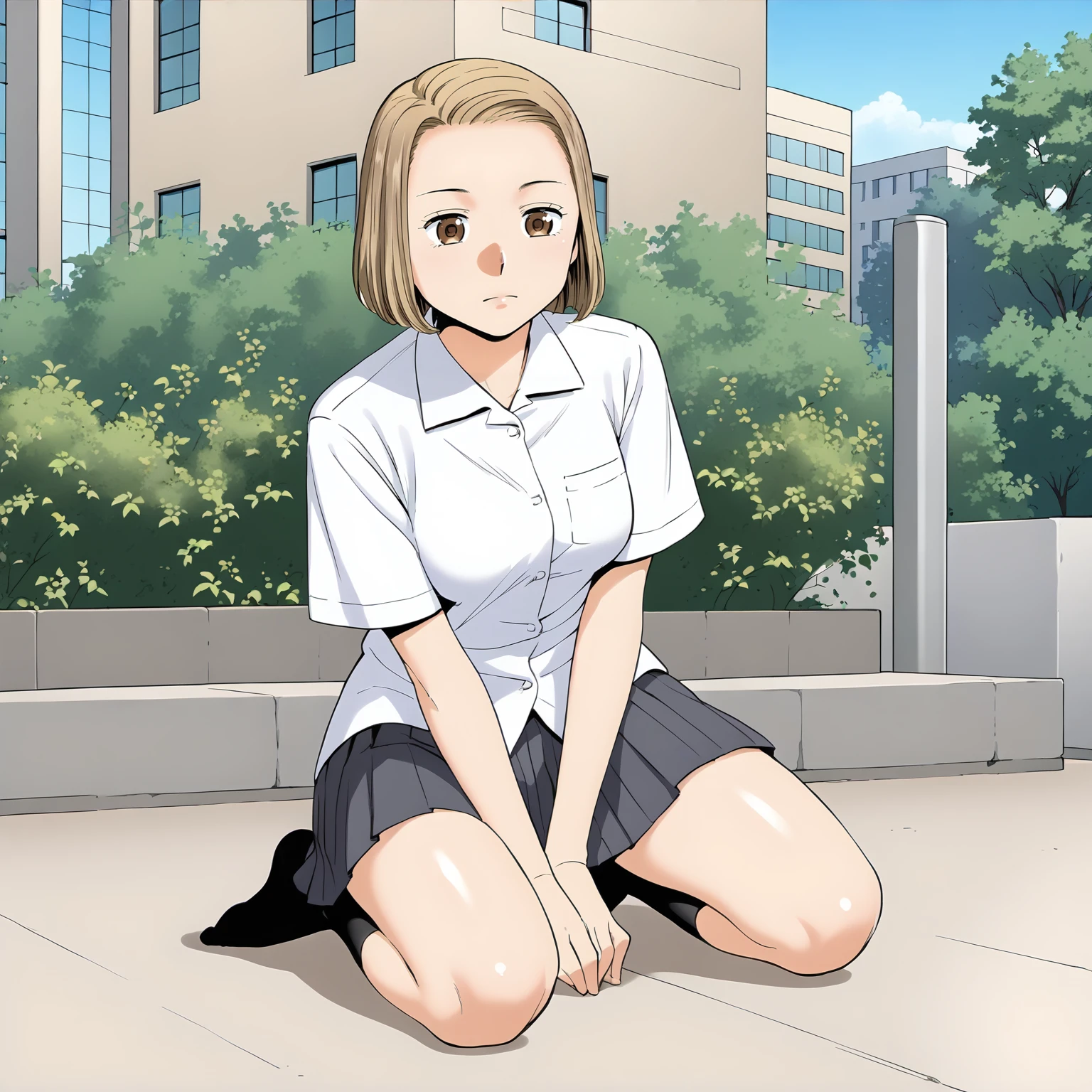 <lora:KZ_TomonoNiiyamaXLpony001>,
solo,
TomonoNiiyama,1girl,blonde hair,bob_cut,forehead,brown eyes,
medium breasts,
dress_shirt,short_sleeves,
pleated_skirt,
black socks,knee length socks,
outdoors,
kneeling,