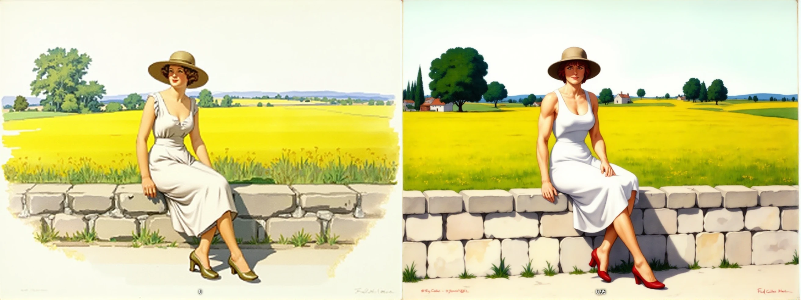 watercolor drawing in Retro-Look, rural german village, man and naked woman dance, full body shot, in the style of classic Americana, white background, Andrew Loomis style, Masterpiece work of art,