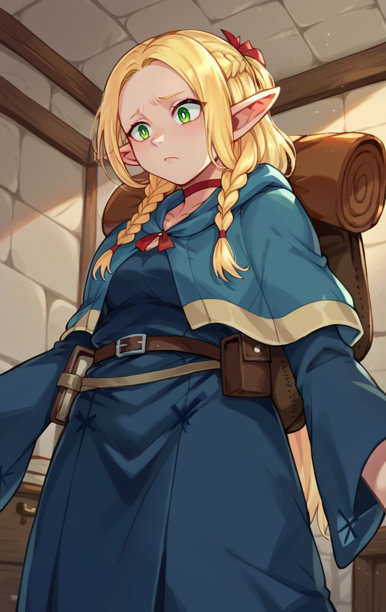 score_9,score_8_up,score_7_up BREAK <lora:marcilledonato:1>,marcilledonatoSDXL,1girl,solo,long hair,blonde hair,green eyes,braid,choker,pointy ears,belt,bag,twin braids,capelet,backpack,elf,pouch,robe,cowboy shot,room,room background,from below,