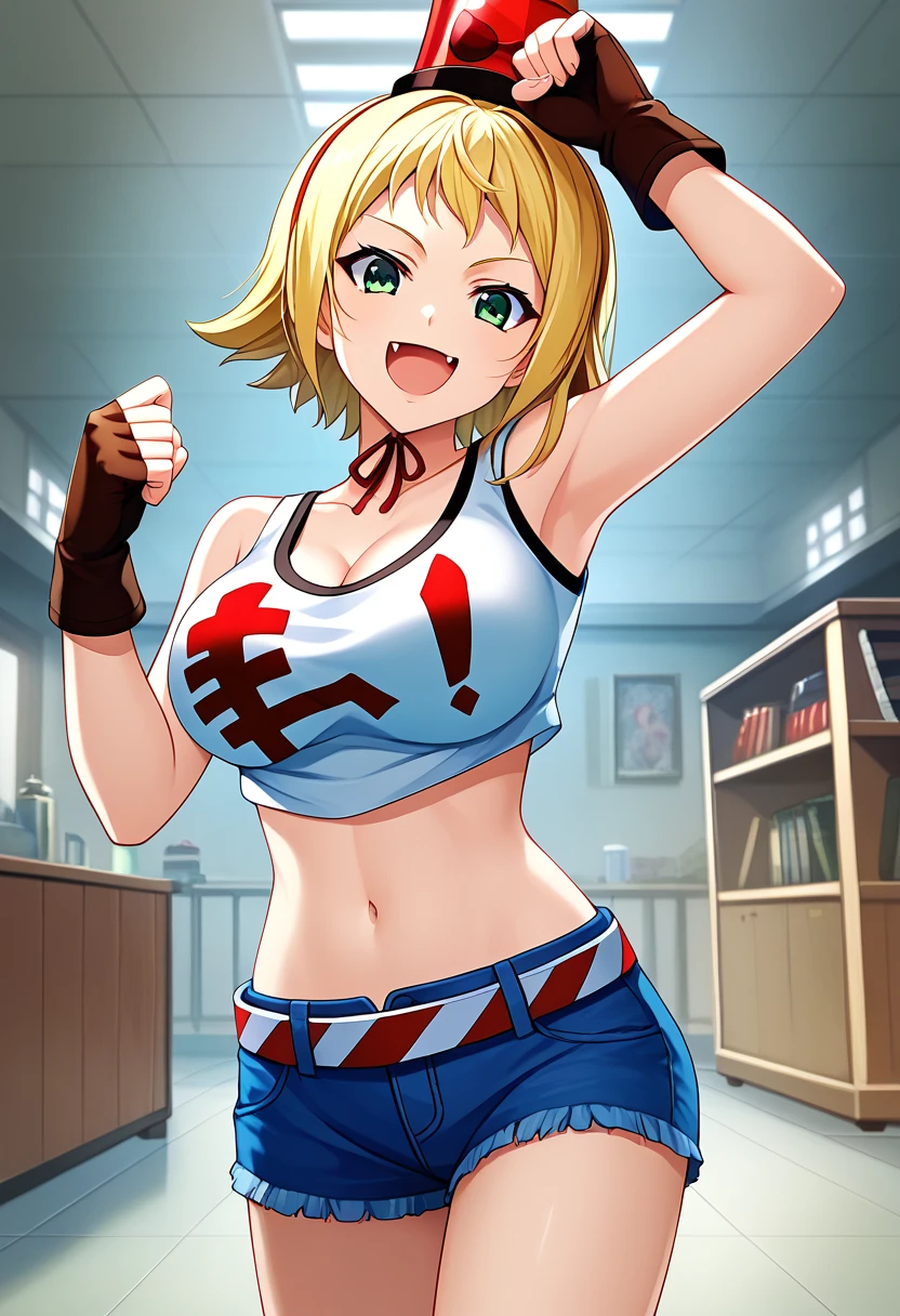 score_9, score_8_up, score_7_up, BREAK source_anime, best quality, masterpiece,very aesthetic, zPDXL2,official art,detailed_eyes,1girl, solo,
patoranran, blonde hair, flipped_hair, short hair, green eyes, large breasts, fang, teenager
top hat, object on head, hairband, breasts, cleavage, tank top, belt, fingerless gloves, navel, midriff, crop top, denim, denim shorts, sneakers
<lora:patoranran_pony_v1:1> 
( standing:1.3),(dynamic pose),
smile, open mouth,  
looking at viewer,(cowboy shot,:1.5 ),
indoors, (mahjong)