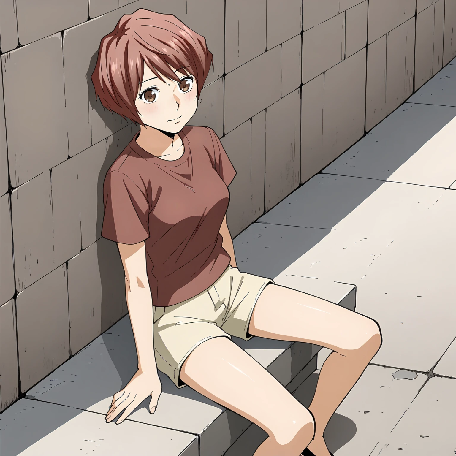 <lora:KZ_TakeuchiXLpony001>,
solo,
Takeuchi,1girl,red hair,short hair,brown eyes,
medium breasts,
shirt,short_sleeves,
shorts,
outdoors,
full body,sitting,