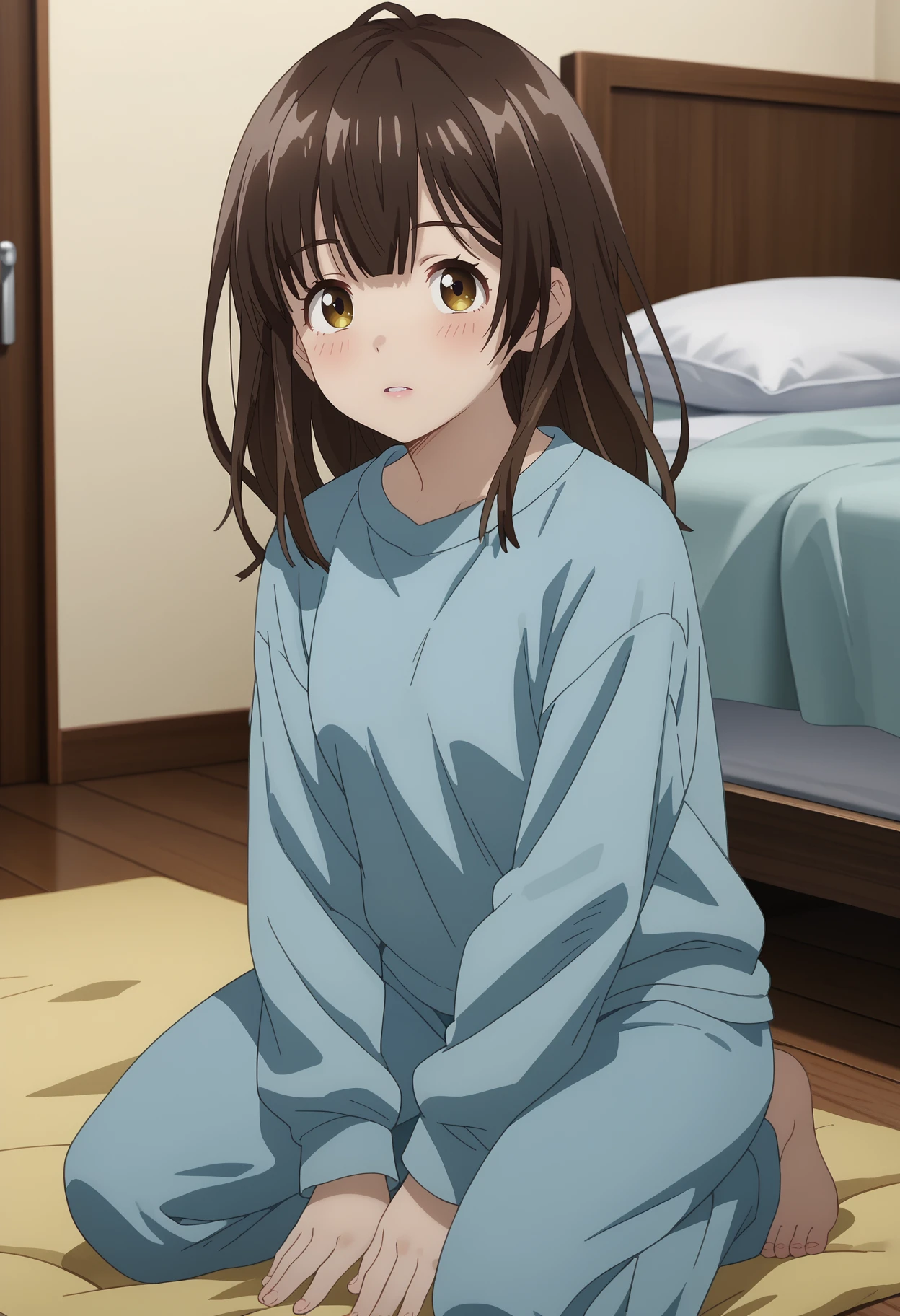 score_7_up, anime screencap,
<lora:HigeHiro_OgiwaraSayuXL:0.9>, 
1girl, solo, parted lips, light blush,
long hair, brown hair, multicolored eyes, brown eyes, yellow eyes,
SayuPajamas, blue shirt, long sleeves, blue pants, 
kneeling, looking at viewer,
blurry background, indoors, blanket, wooden floor