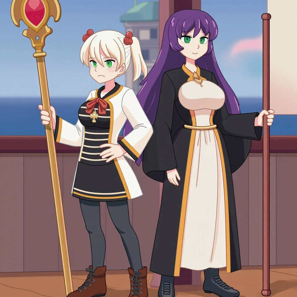 two females with contrasting styles, standing back-to-back, each holding a unique staff. The two woman are standing on a pirate ship with a dynamic camera angle and cinematic mood.

On the left is a young woman with green eyes, thick eyebrows, and long, white hair parted in the middle and tied into two high pigtails. She has large, pointed ears. She wears a striped black and white shirt, along with a white jacket tucked into a skirt with a black belt. The sleeves of her jacket end with large, gold cuffs. Both her jacket and skirt have gold trims along the edges. Over her jacket, she wears a short cape that matches the white and gold theme of her jacket and skirt, and the cape includes decorative, gold accents with red jewels on each shoulder and a high collar that is fastened with a red jewel. She also wears black tights, brown boots, and a pair of gold earrings with red, teardrop-shaped jewels hanging from each earring. The staff she holds is a long, ornate piece with a large red orb at the top, surrounded by a golden crescent shape, and a red ribbon tied just below the orb, fluttering slightly.

On the right is a taller woman with purple eyes and long, waist-length purple hair with a straight cut and bangs. She wears her hair down with two additional chest-length strands framing her face. She wears a long, buttoned white dress with a Victorian top, including a frilled collar and puffy white sleeves, along with black boots. Over the dress, she also dons a long black coat with a hood, which has a gray inside layer. She wields a long, wooden staff wrapped with purple ribbons in battle.