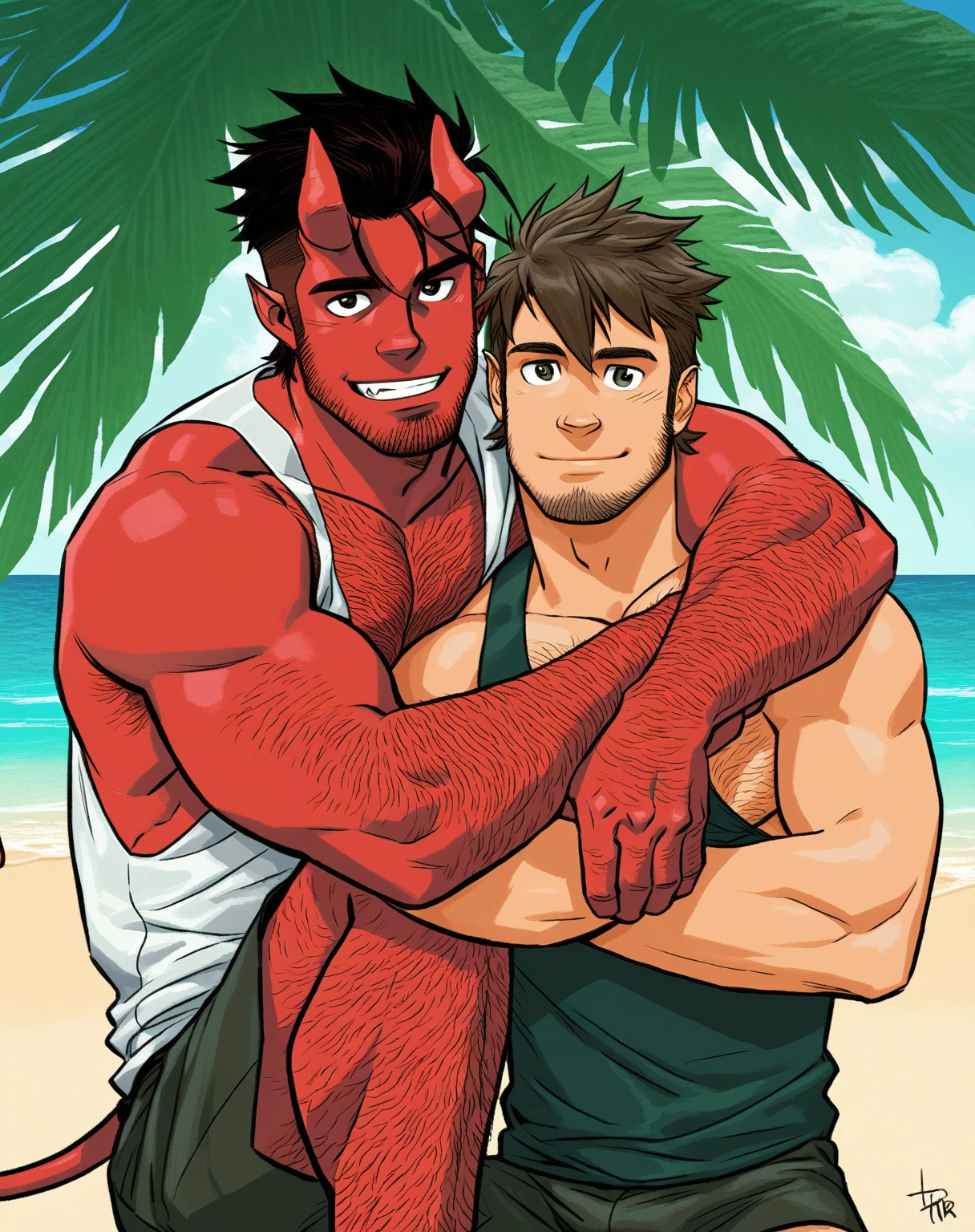 score_9, score_8_up, score_7_up, score_6_up, 2boys, couple, (tobias, stubble, hairy body, black hair, horns, colored skin, red skin, demon boy, shirtless, tail), BREAK, (guy, facial hair, tank top, hairy chest, shorts, leg hair, brown hair), looking at you, standing, hugging, smile, beach, front view, realistic, blake alexander style<lora:EMS-454010-EMS:0.800000>