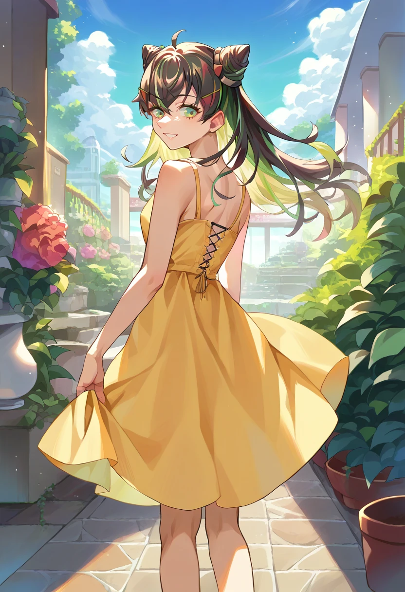 score_9, score_8_up, source_anime, 1girl, solo, Hachidori, multicolored hair, long hair, cone hair bun, ahoge, hair ornament, from behind, yellow sundress, garden, day, sunshine, smile, looking back, <lora:ChamHachidoriPonyXL:1>